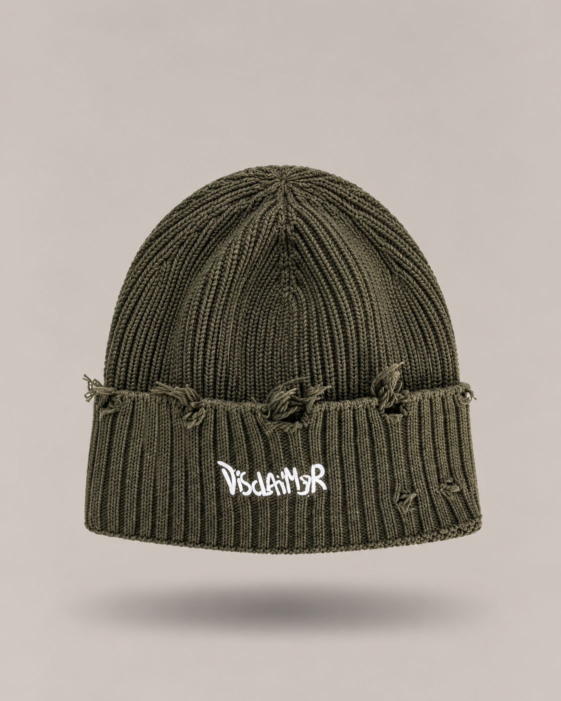 DISCLAIMER — Beanie verde oliva distressed