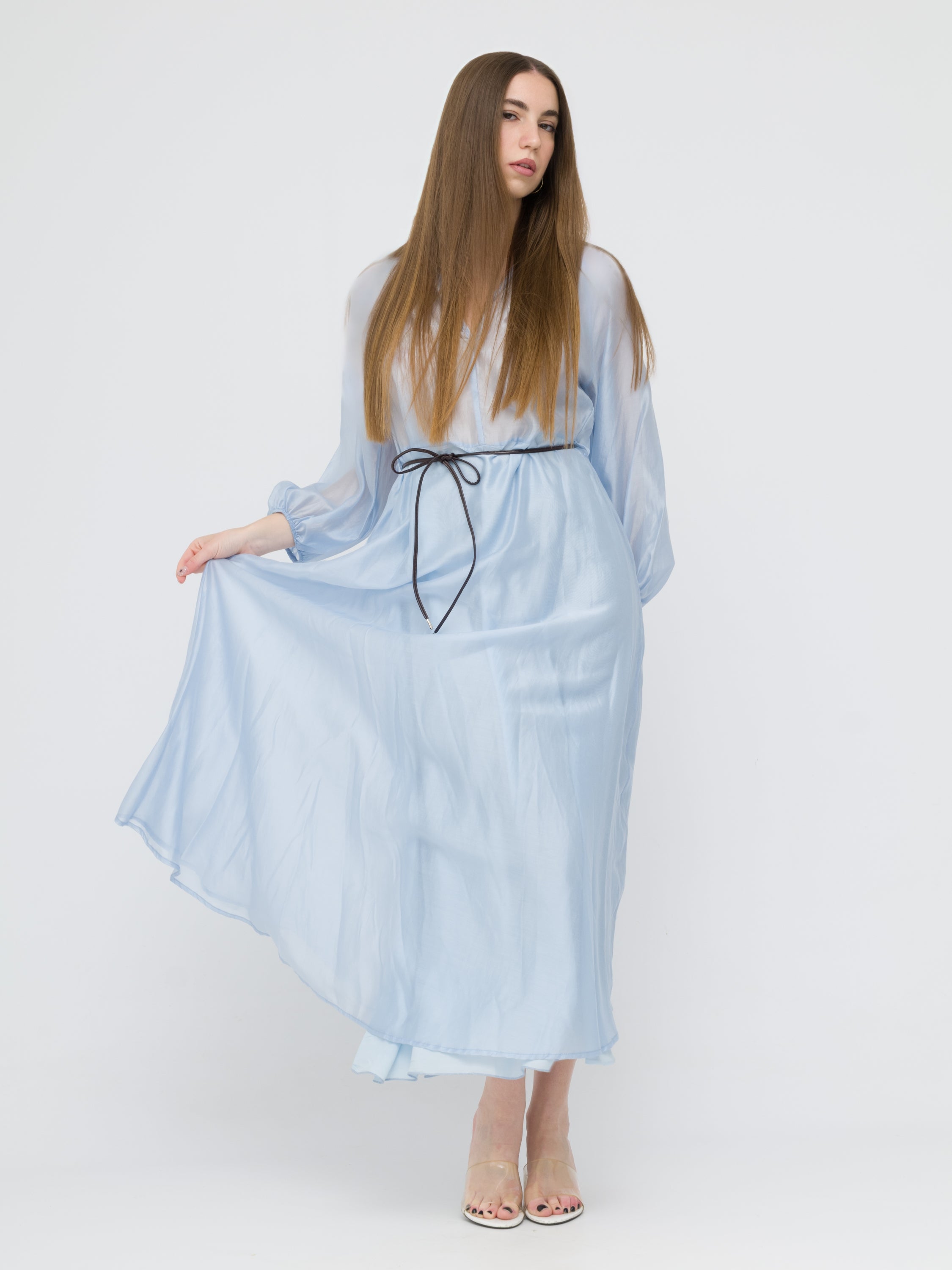 TENSIONE IN - maxi dress azzurro con trasparenze e laccio in vita