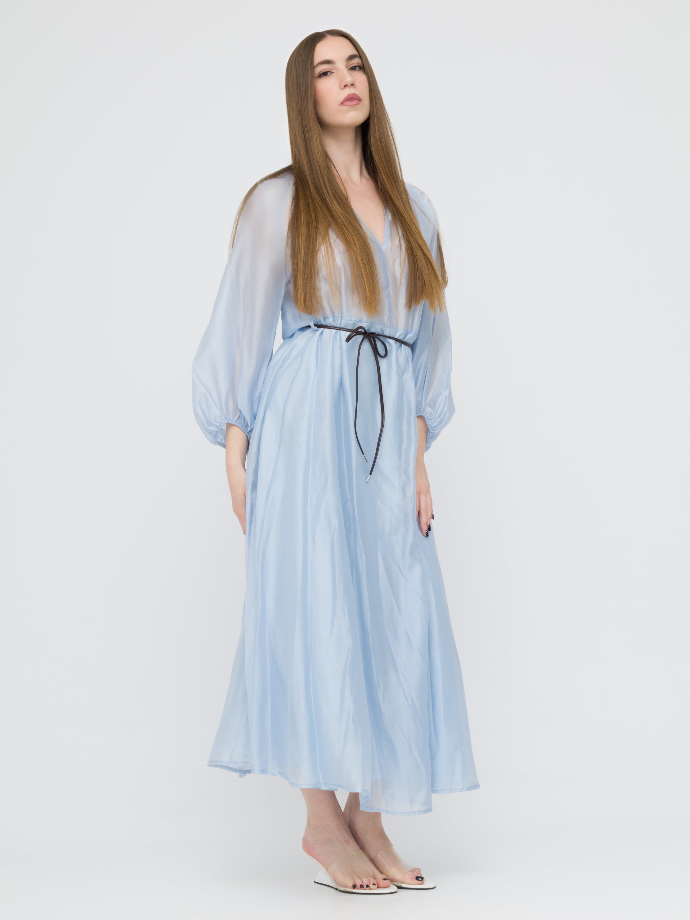 TENSIONE IN - maxi dress azzurro con trasparenze e laccio in vita