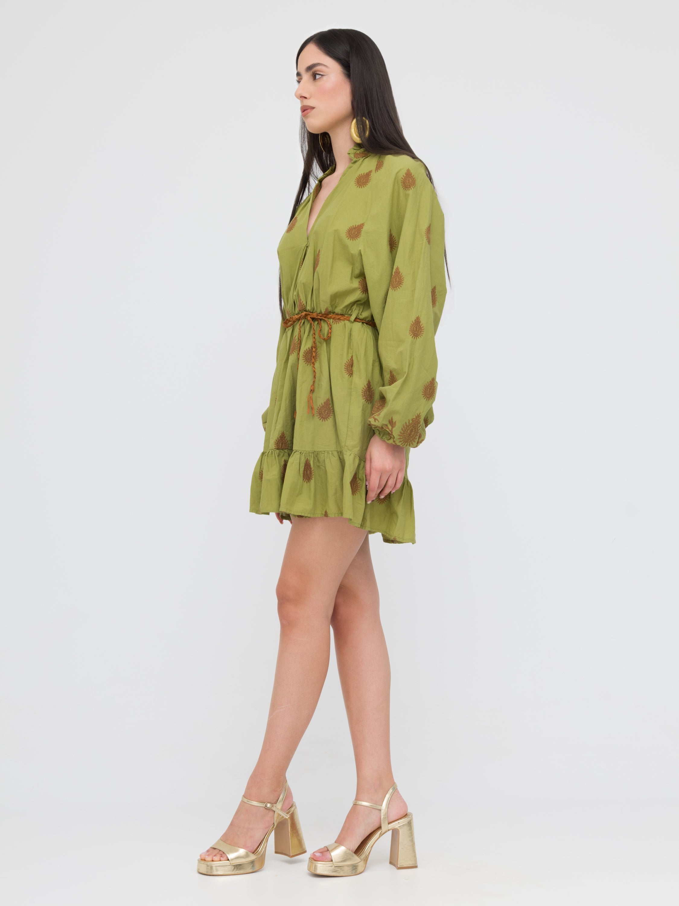 DIXIE - mini dress verde con motivi in marrone e laccio in vita