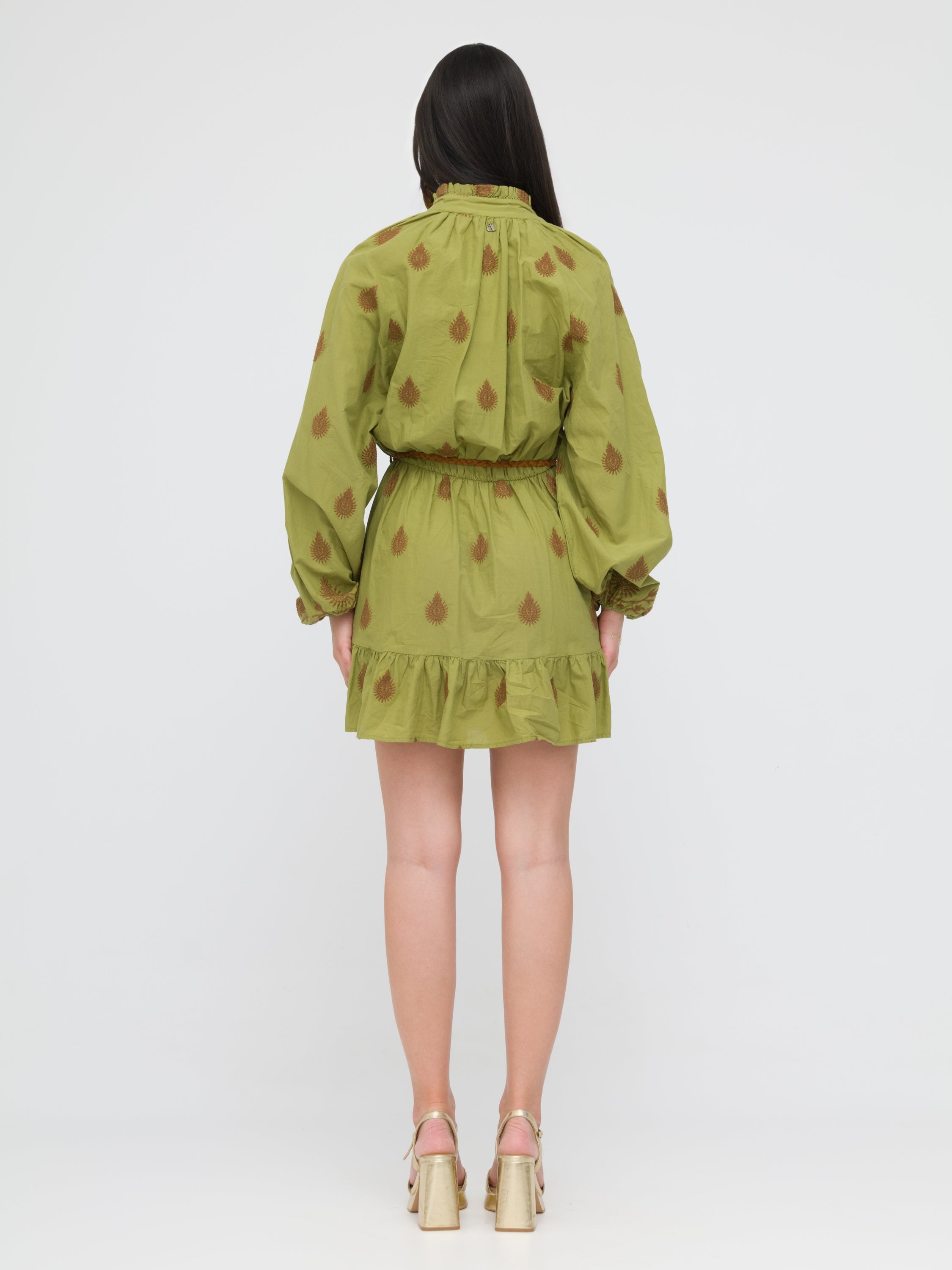 DIXIE - mini dress verde con motivi in marrone e laccio in vita