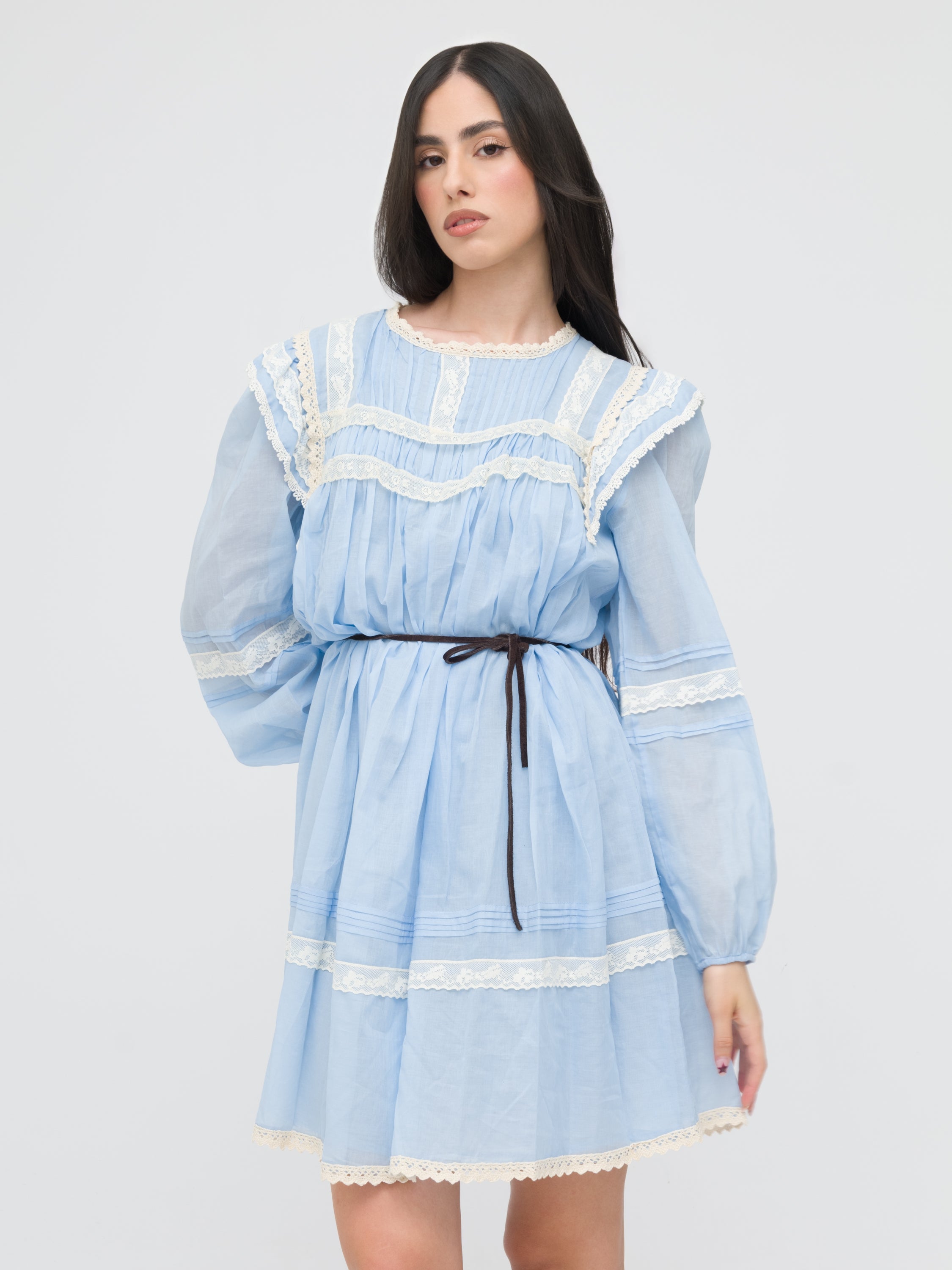 TENSIONE IN - mini dress chemisier azzurro stile prateria dettagli in pizzo