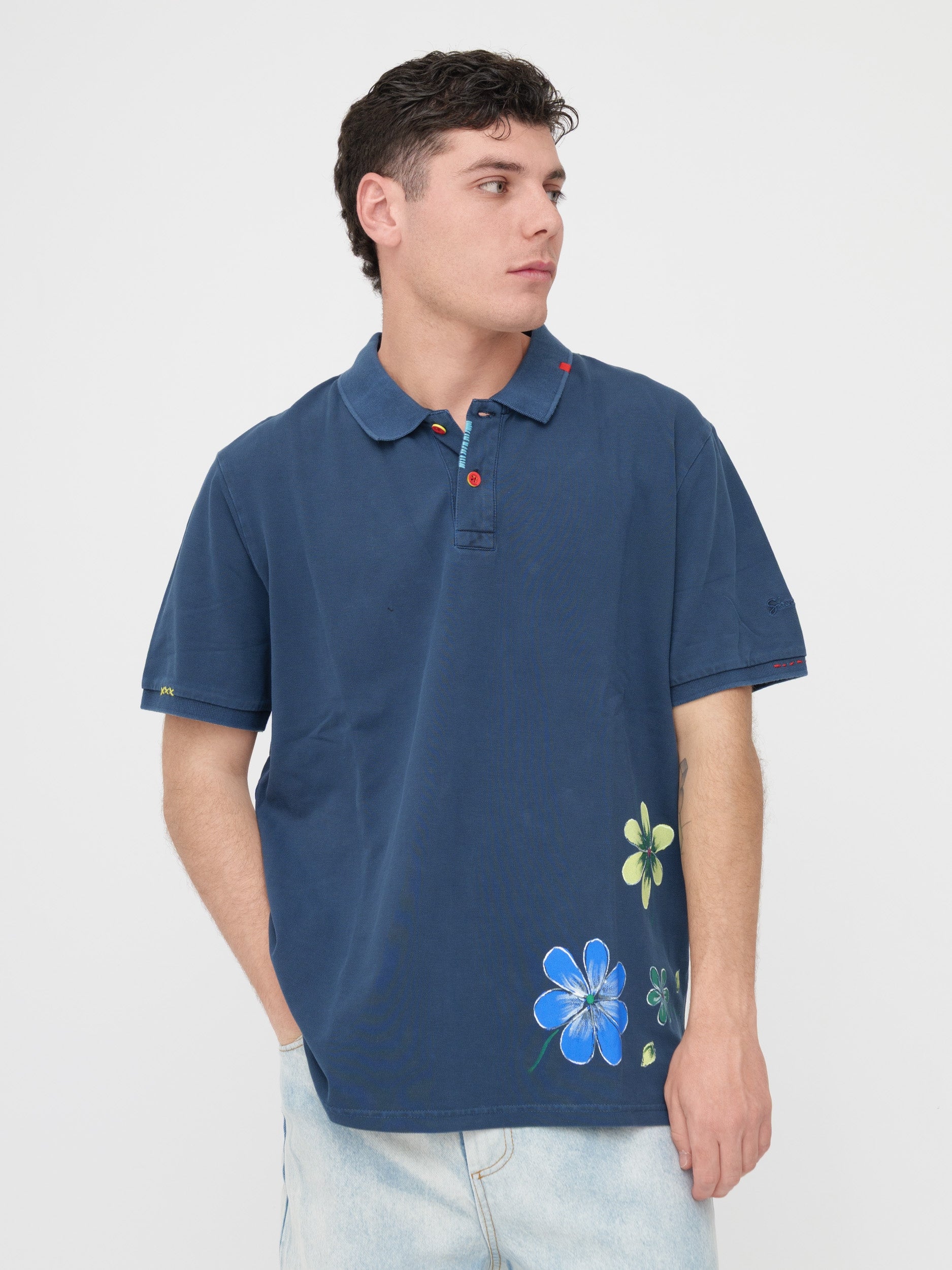 SHOCKLY - T- shirt polo blu stampa flowers