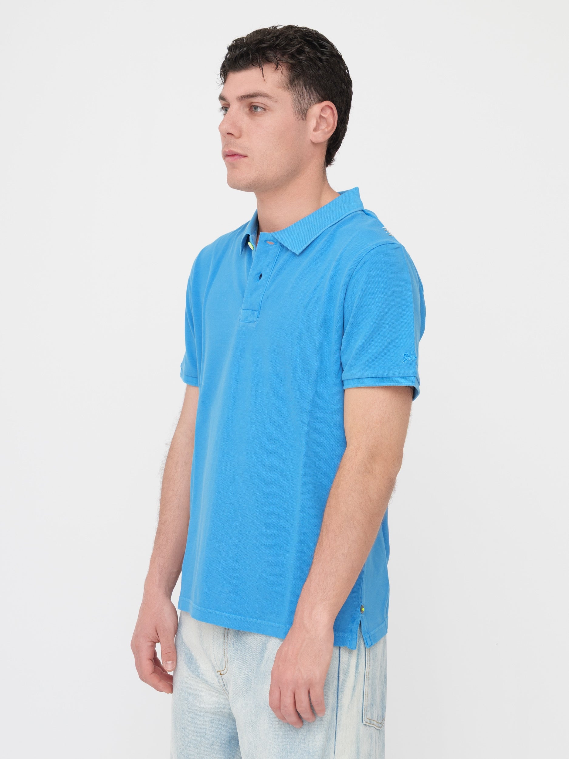 SHOCKLY - T- shirt polo azzurra stampa sul retro