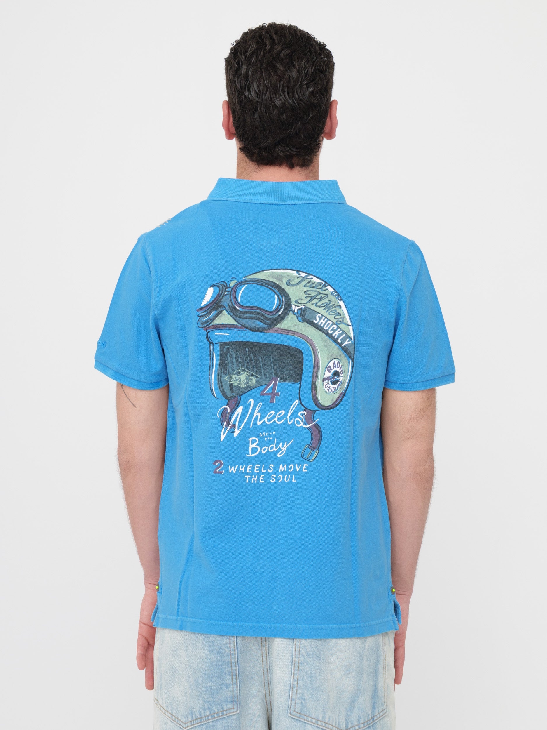 SHOCKLY - T- shirt polo azzurra stampa sul retro