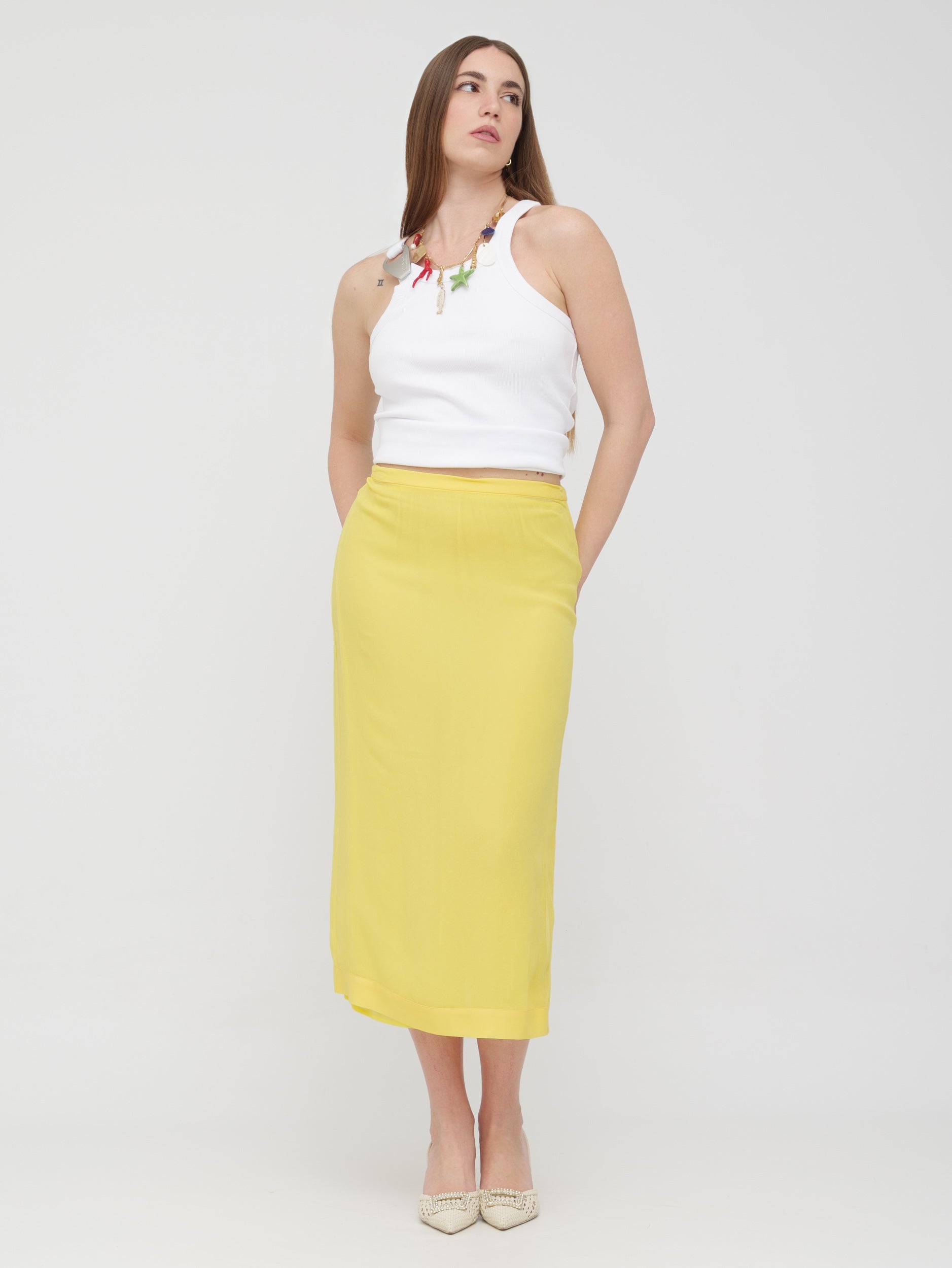 PINKO - gonna midi gialla spacco laterale