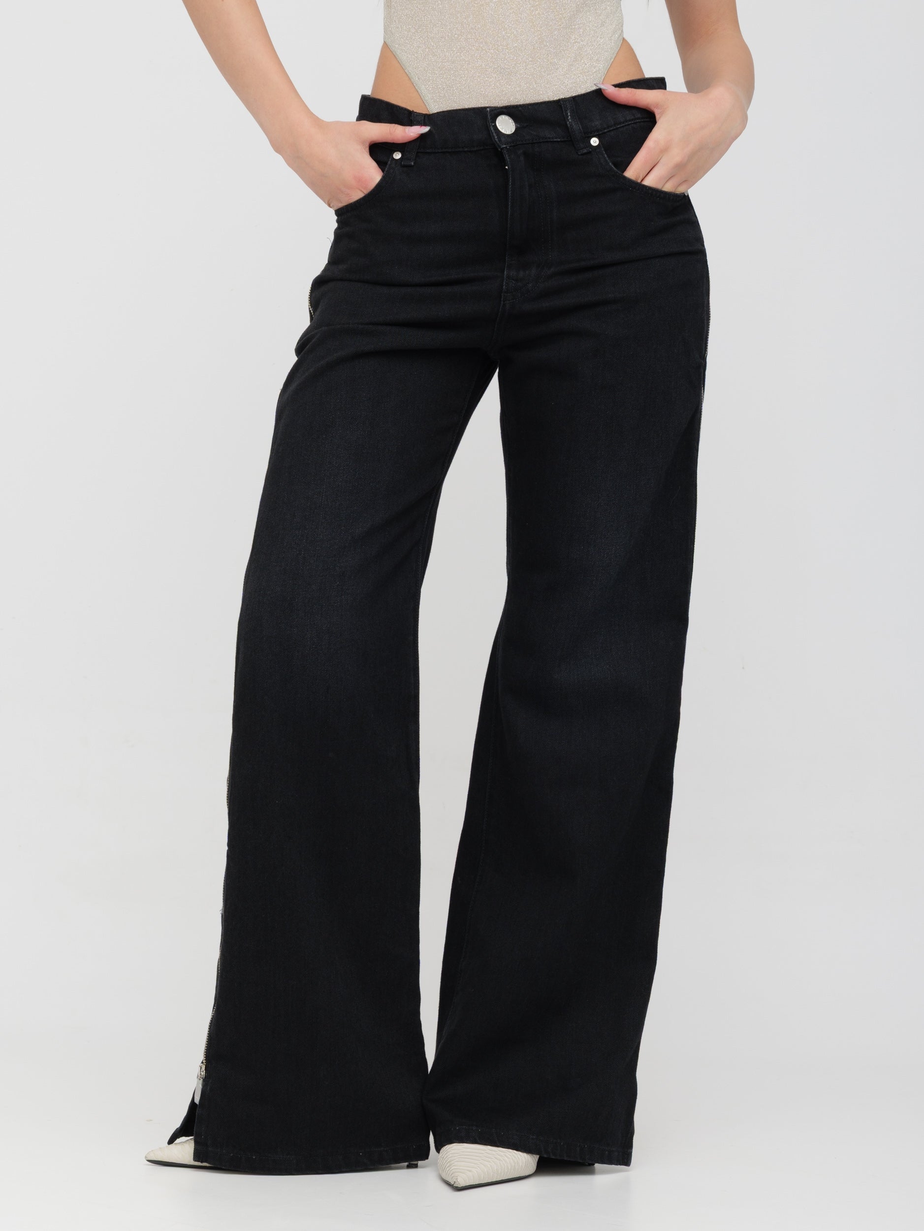 PINKO - jeans nero wide leg con cerniera