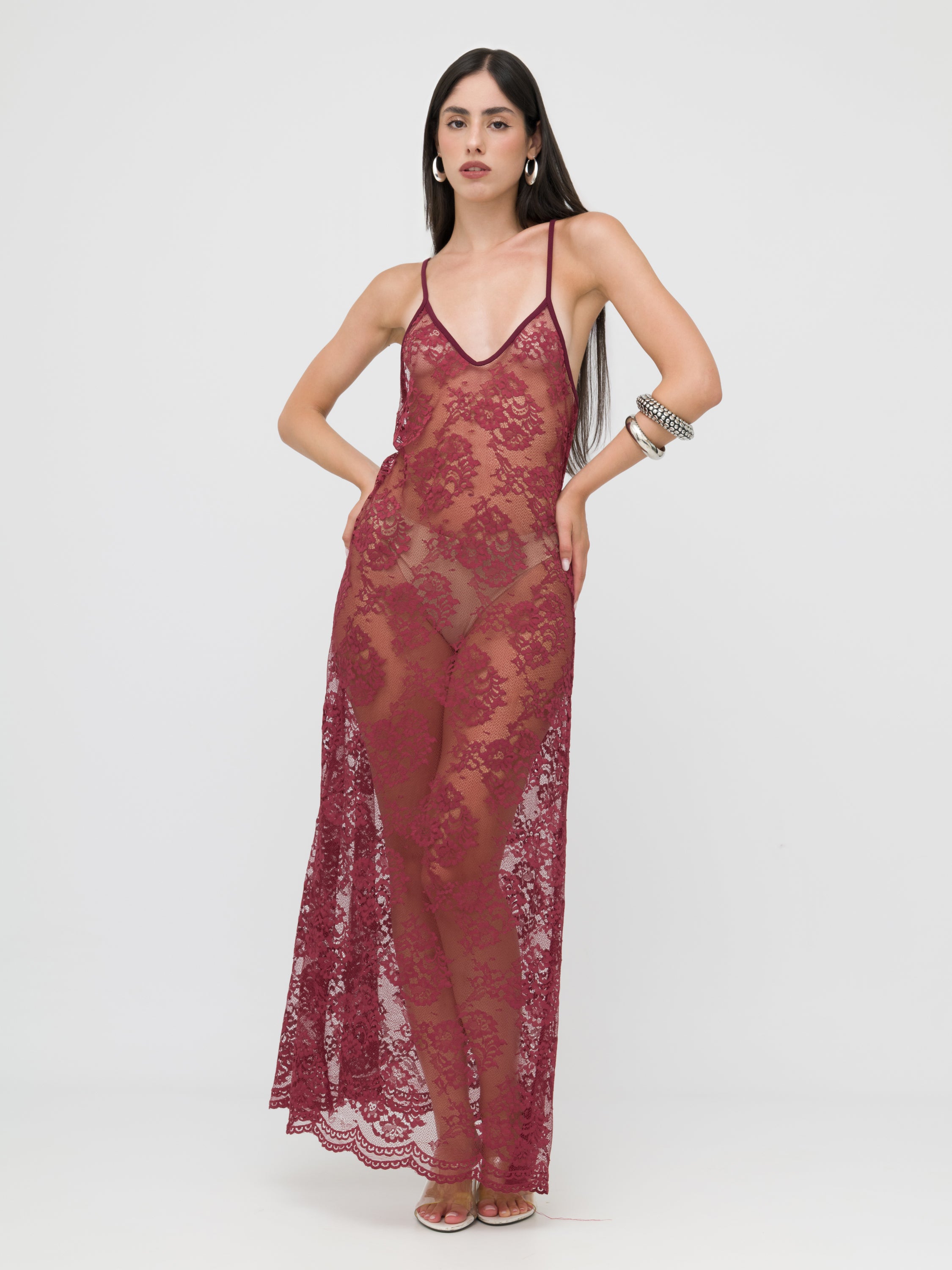 HAVEONE - maxi dress in pizzo bordeaux