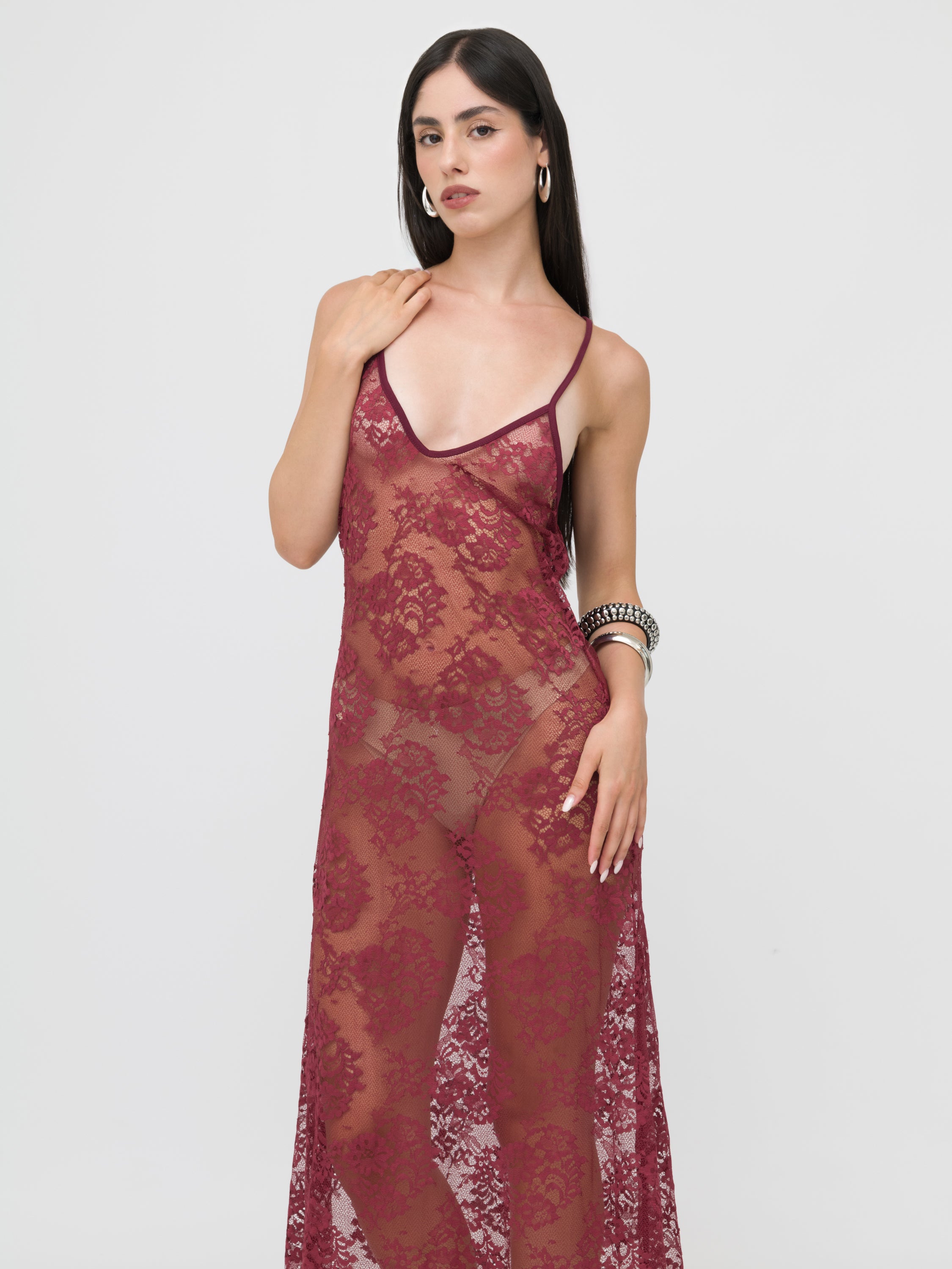 HAVEONE - maxi dress in pizzo bordeaux