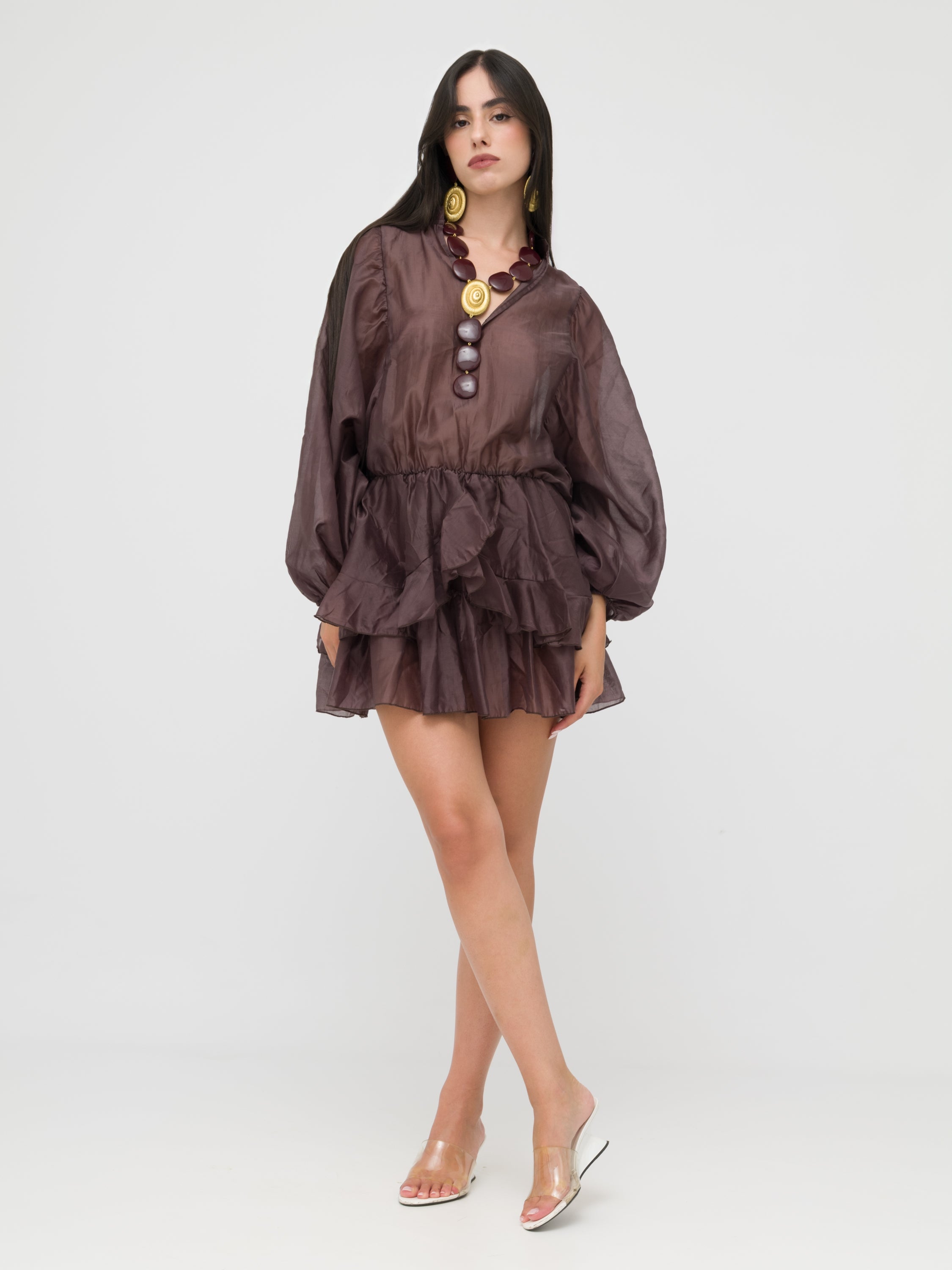 HAVEONE - mini dress brown dettagli a balze