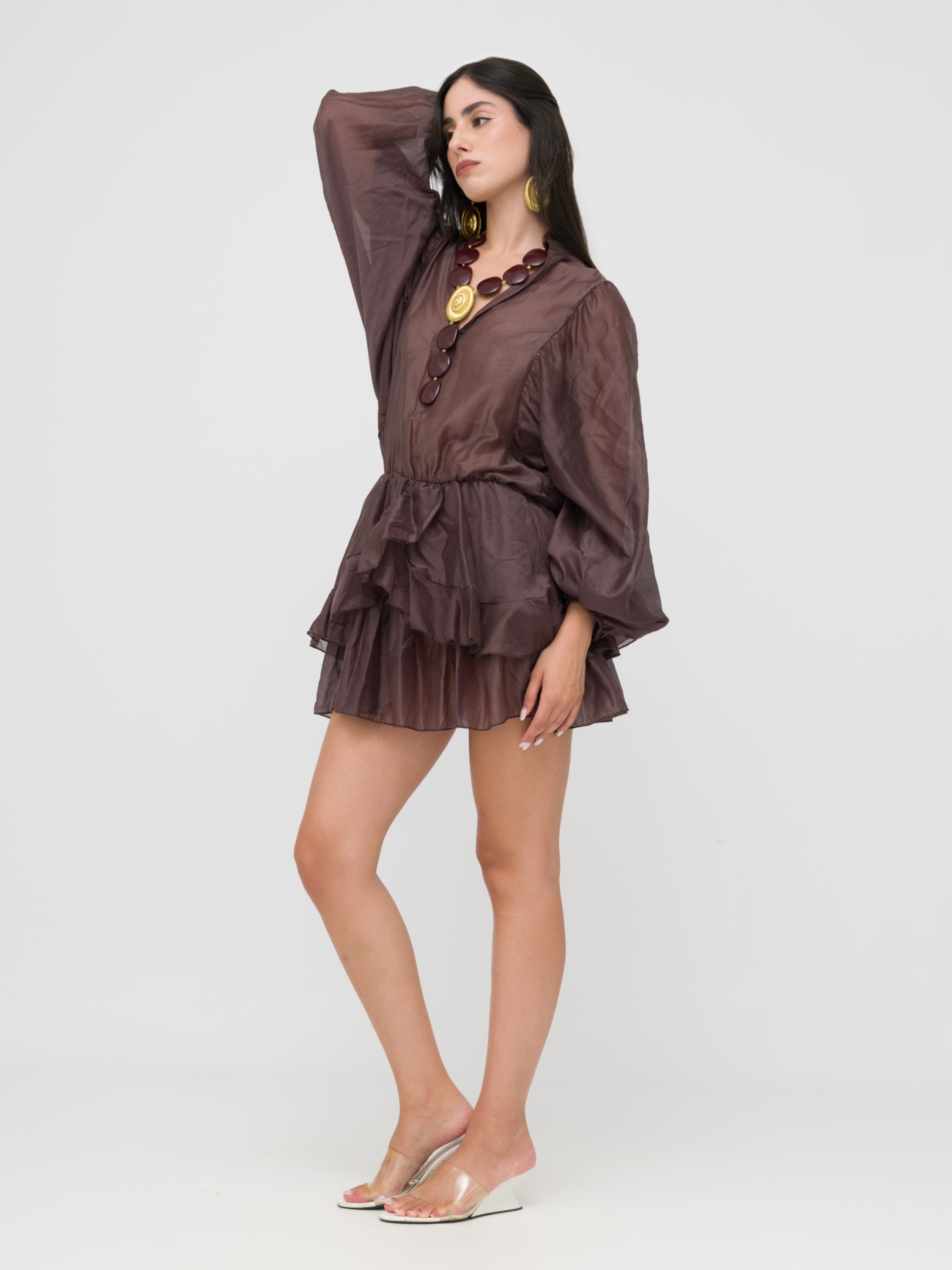 HAVEONE - mini dress brown dettagli a balze