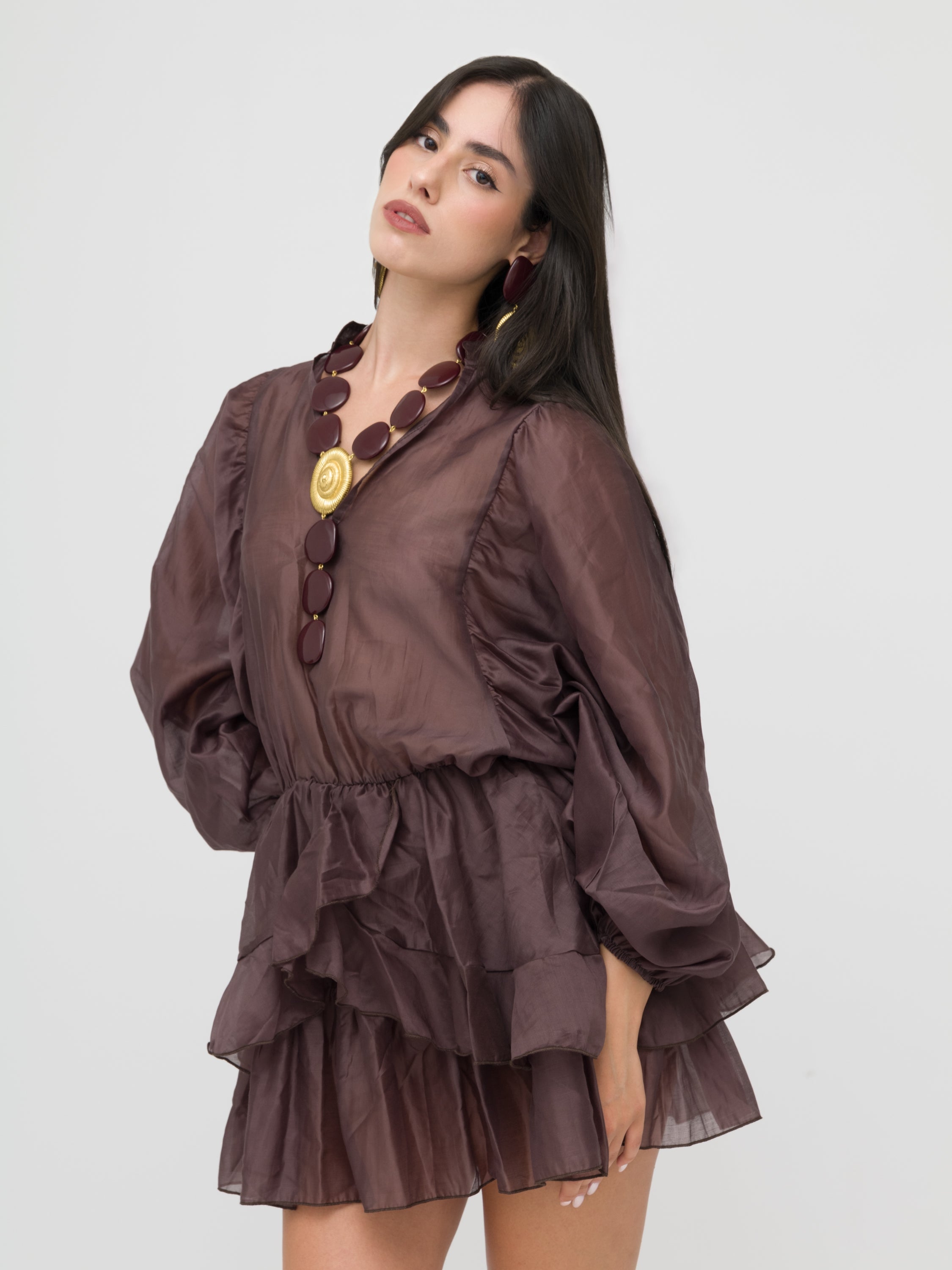 HAVEONE - mini dress brown dettagli a balze