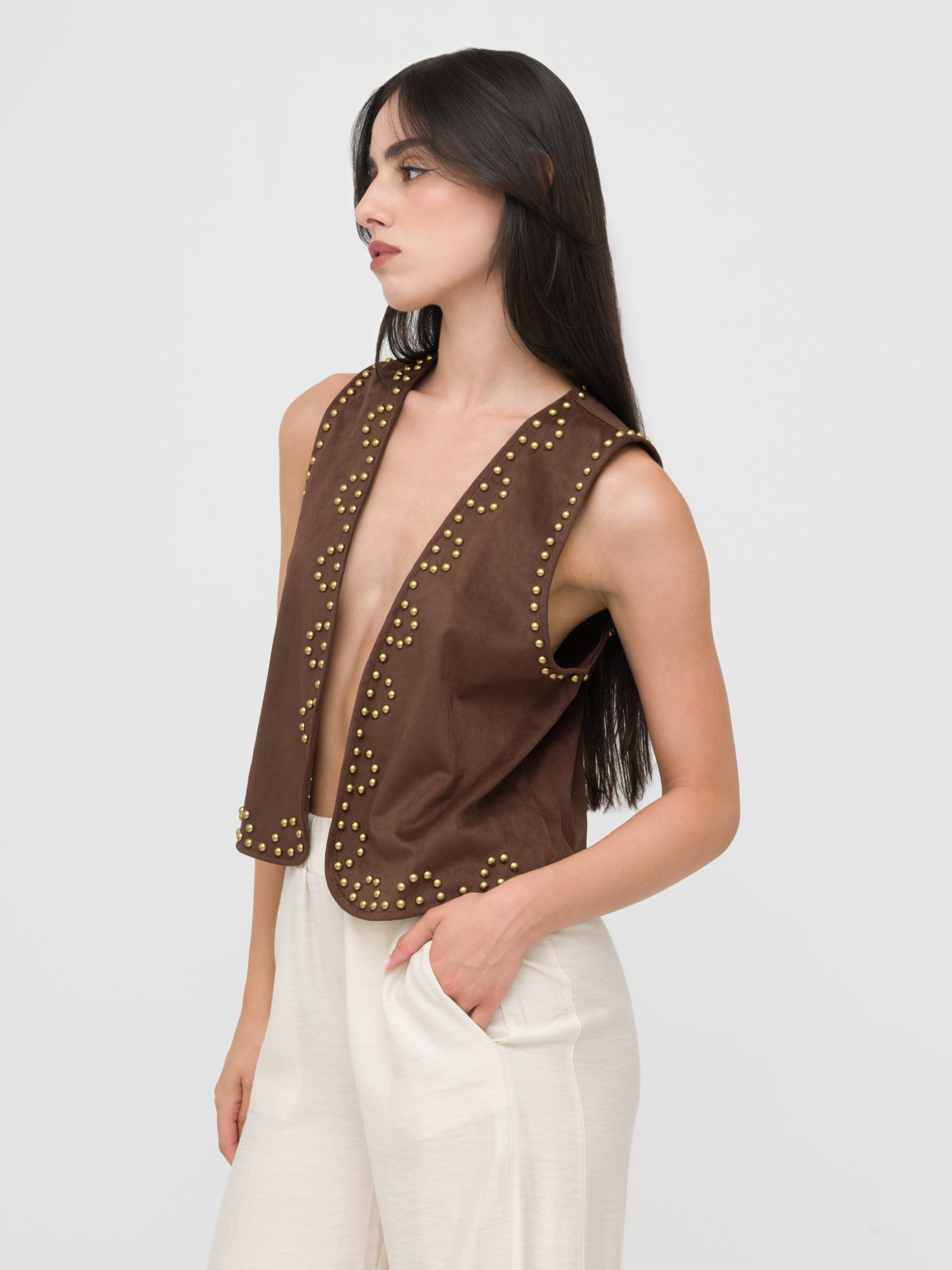 HAVEONE - gilet brown in camoscio con borchie