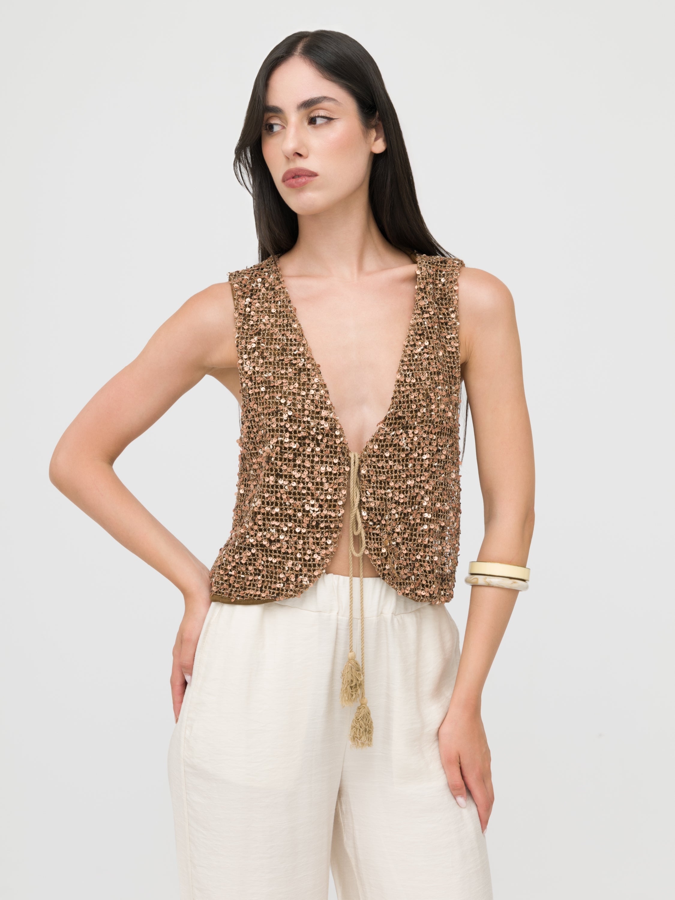 HAVEONE - gilet brown con paillettes
