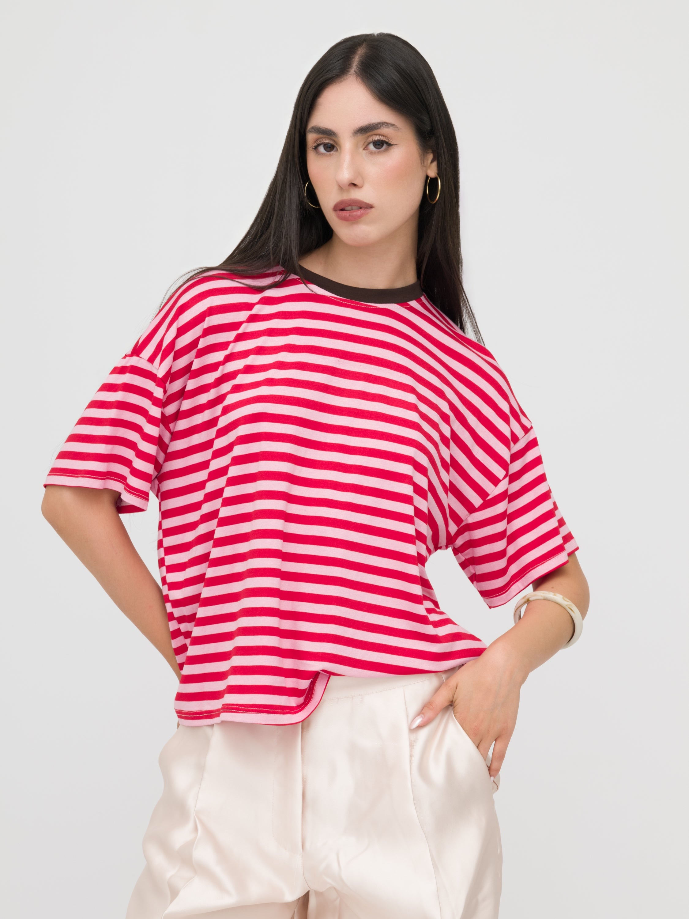 HAVEONE- t-shirt a righe rosa e rossa