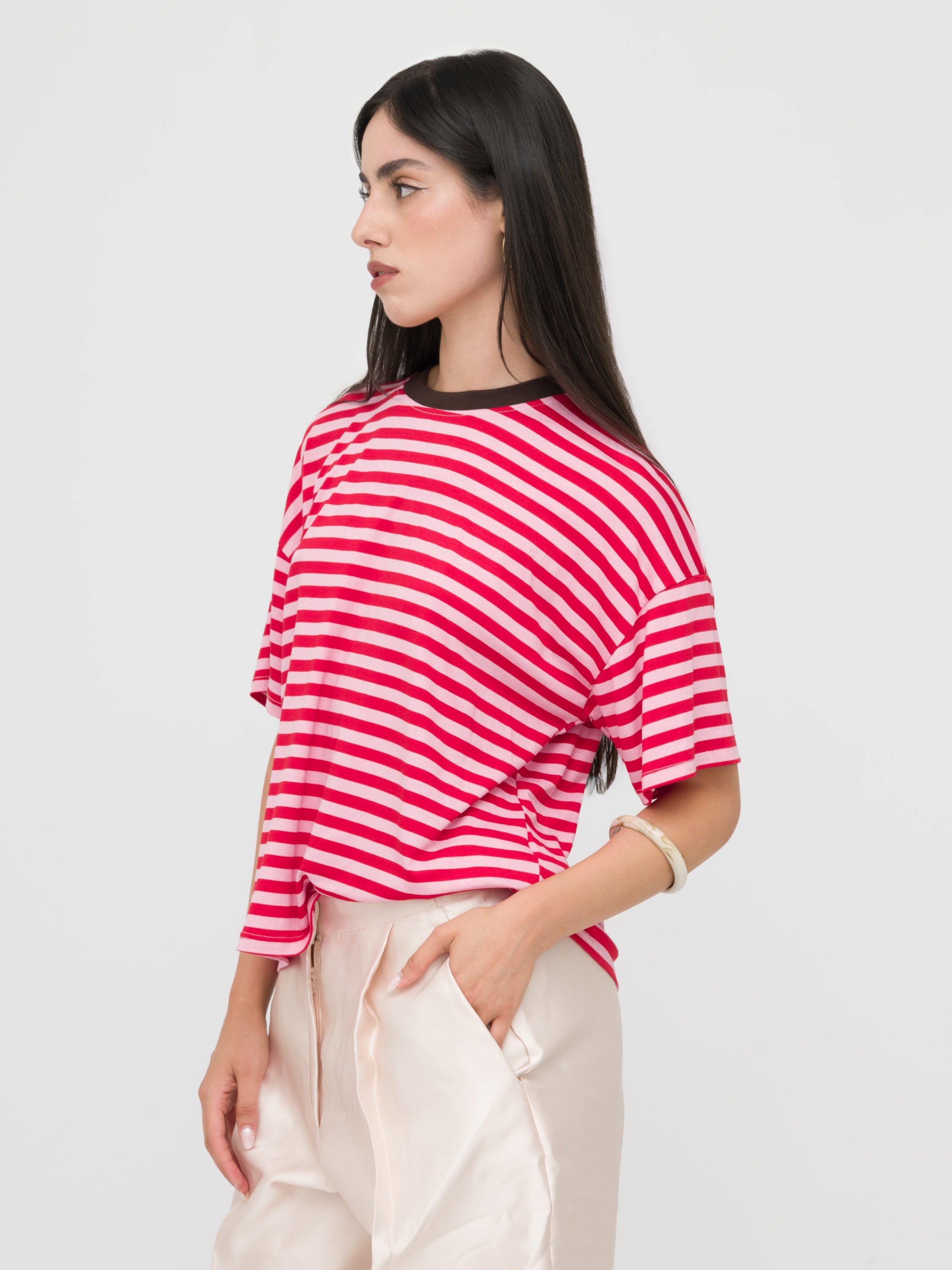 HAVEONE- t-shirt a righe rosa e rossa
