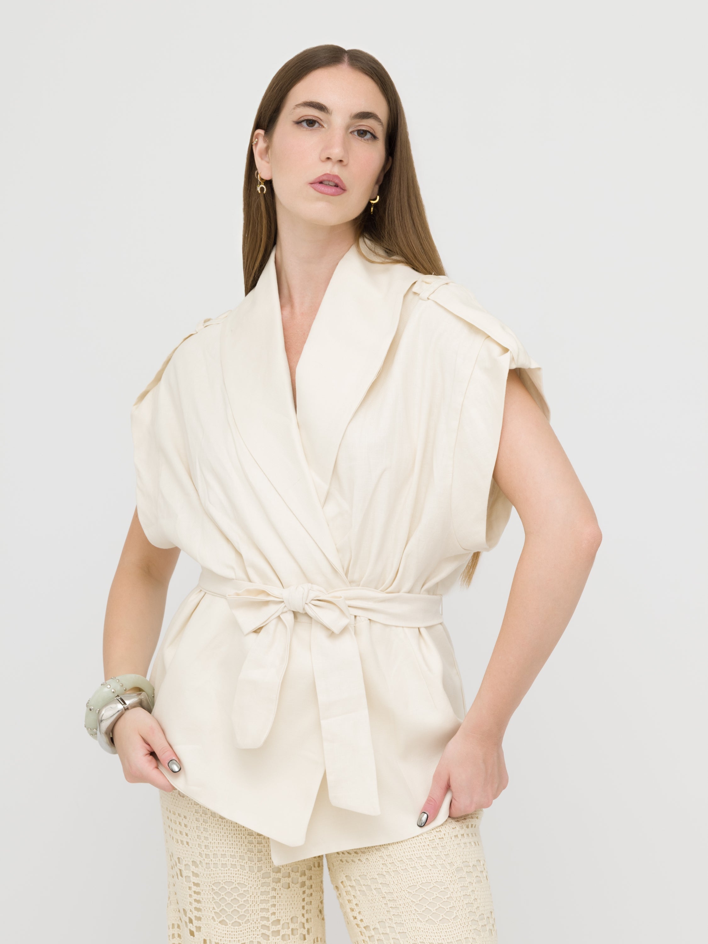 HAVEONE- gilet over White cream con cinta