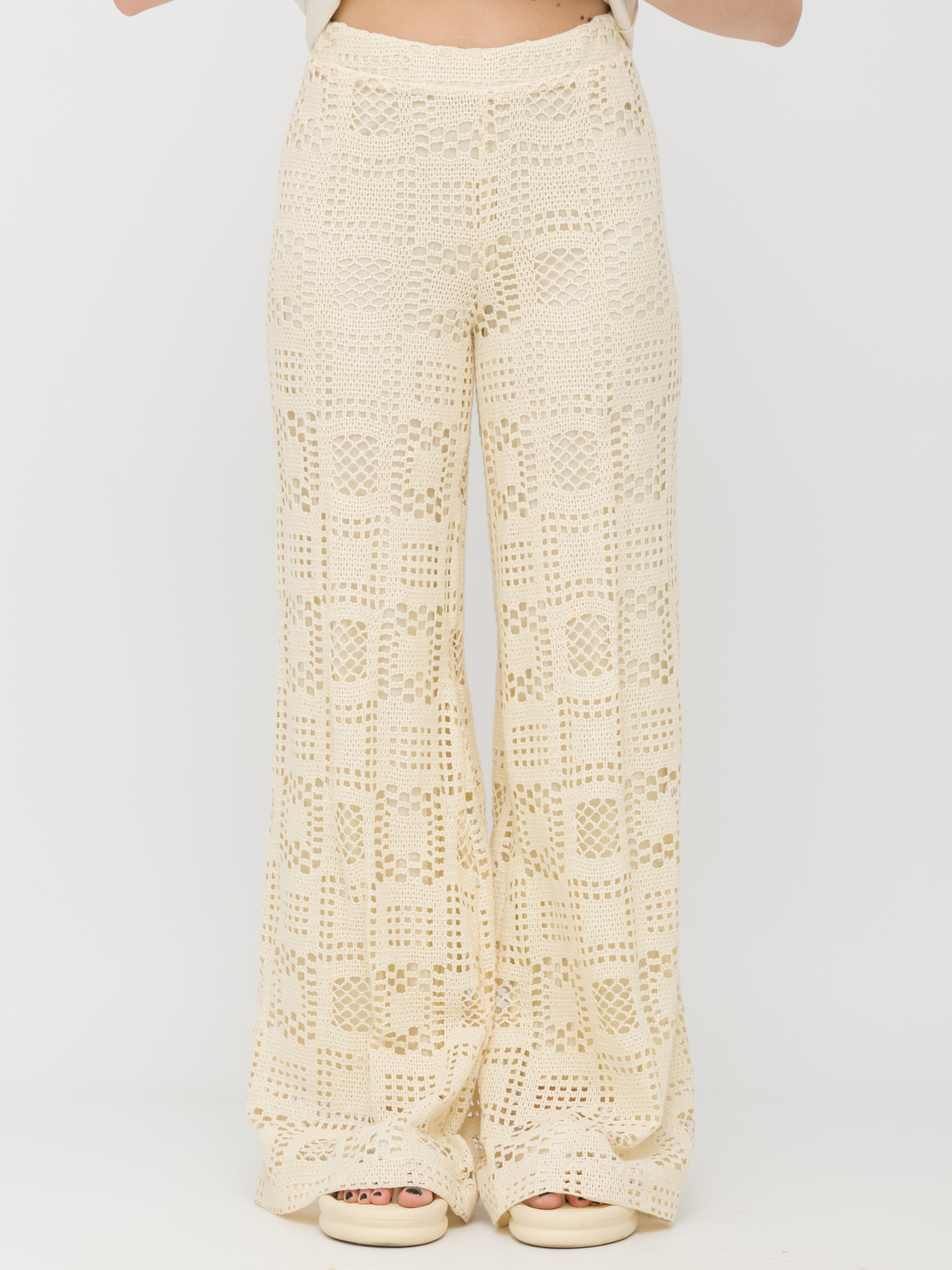 TENSIONE IN - pantalone wide leg tessuto crochet White cream