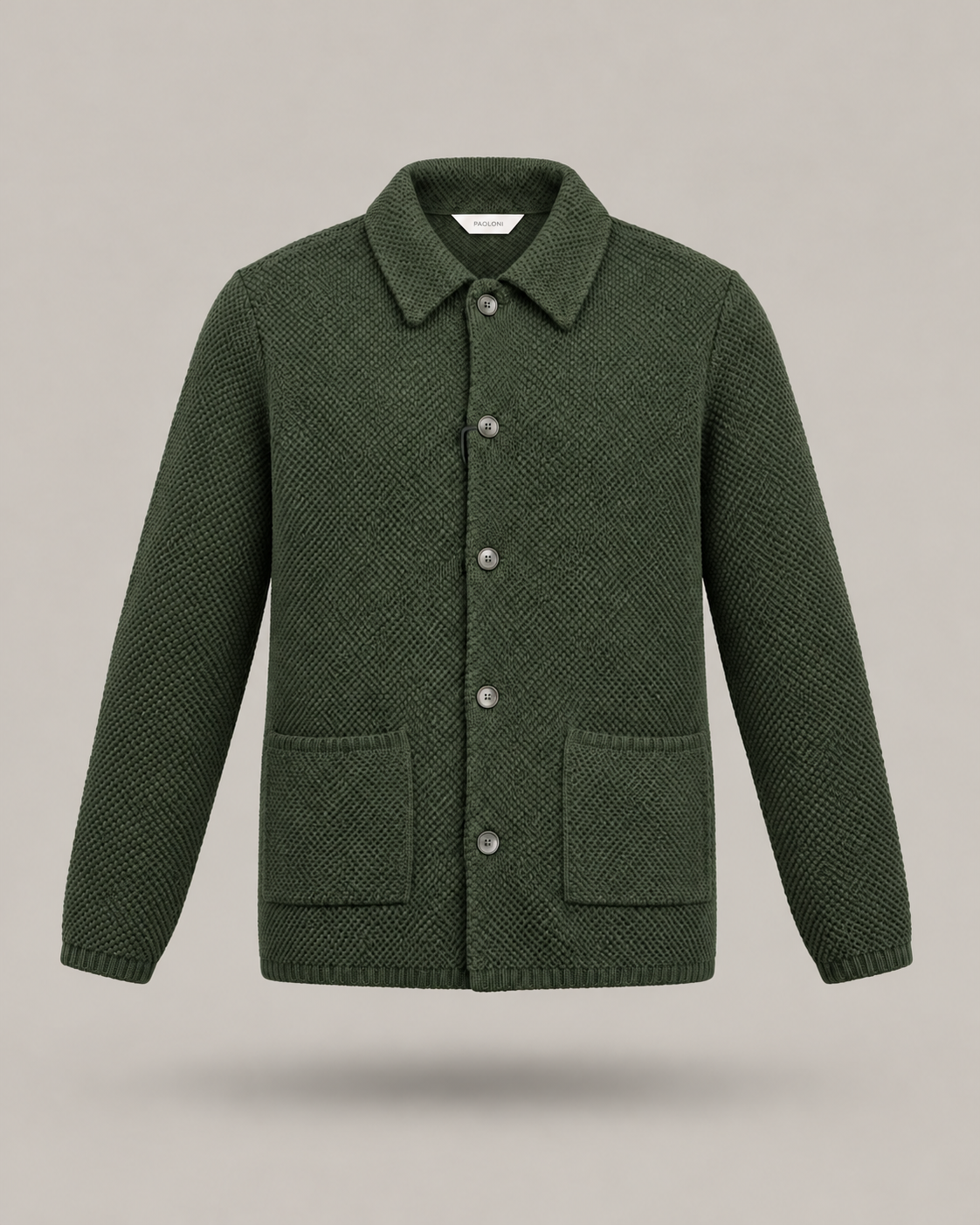 PAOLONI - Cardigan verde oliva con colletto e tasche applicate