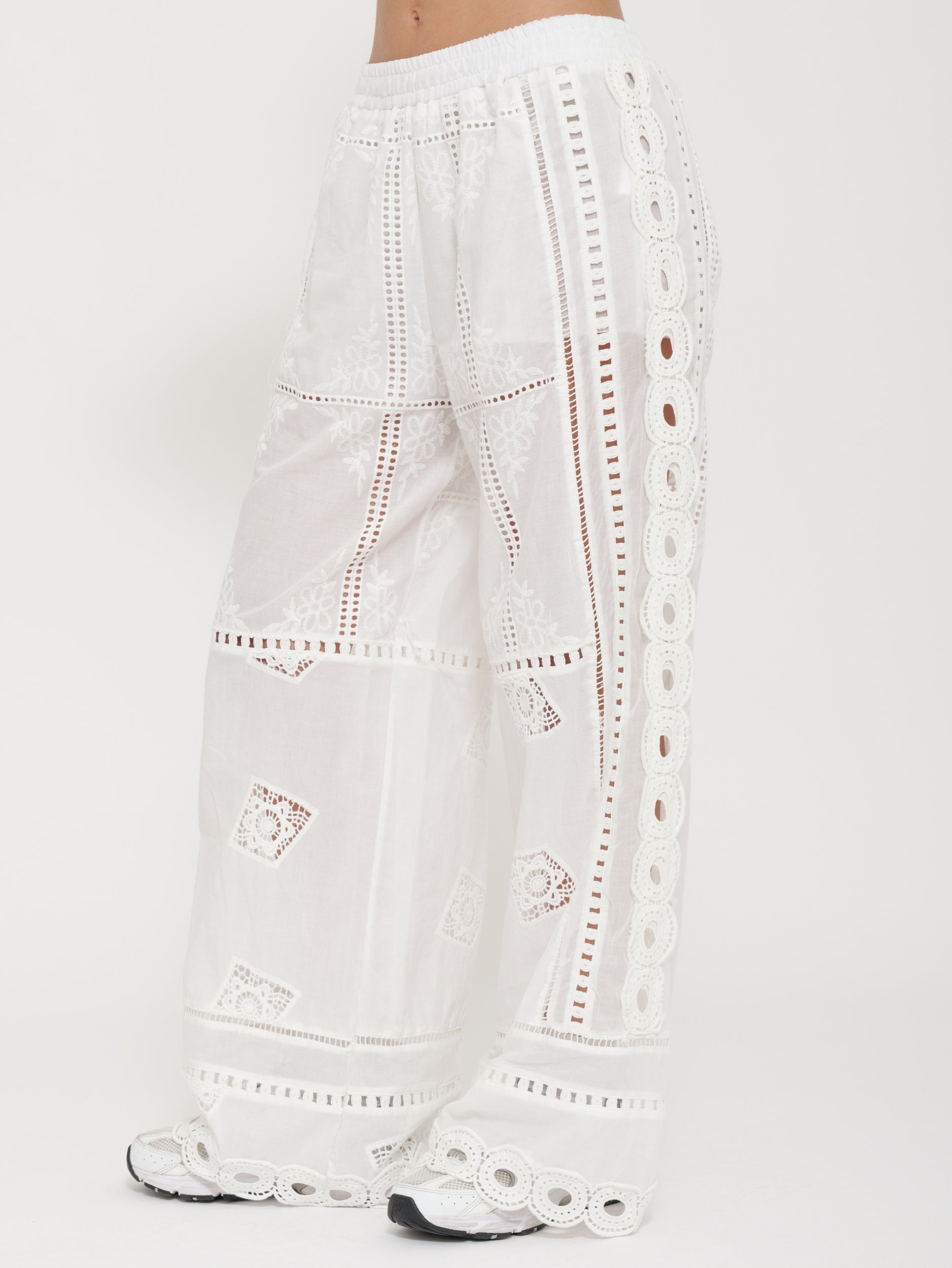Pantalone wide leg in lino ricamato