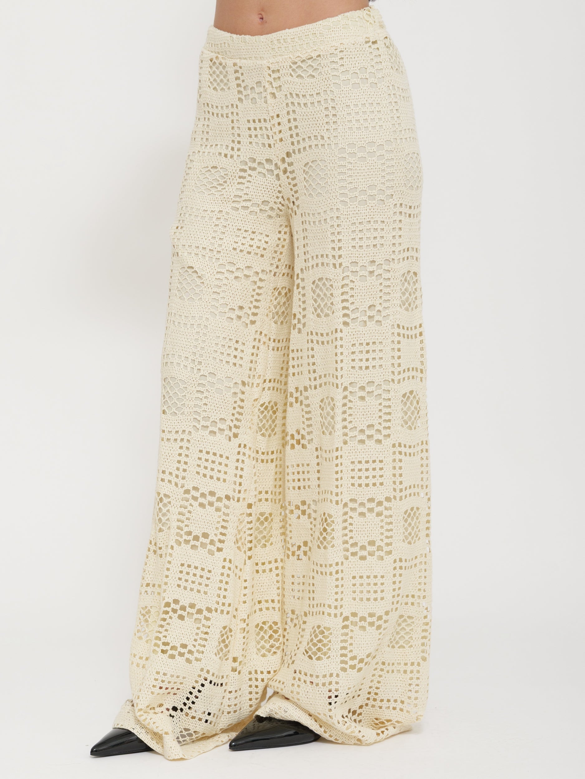 Pantalone wide leg in lino ricamato