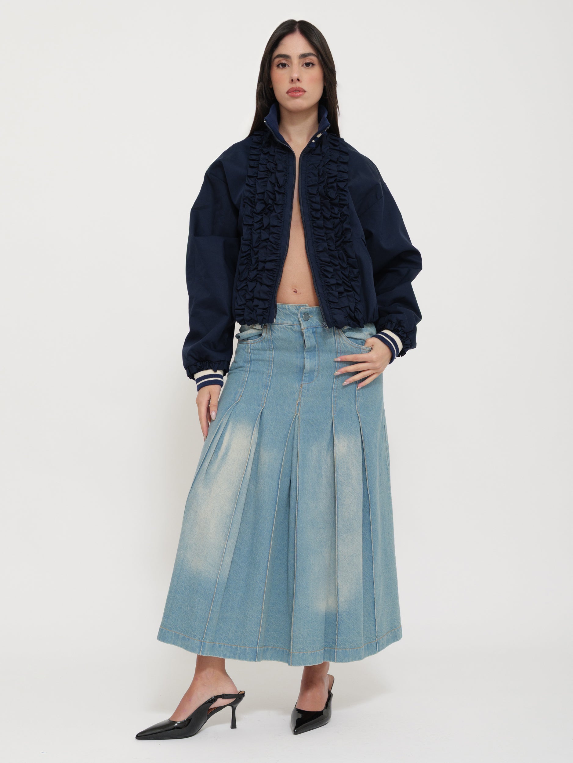 Gonna lunga in denim plissettata