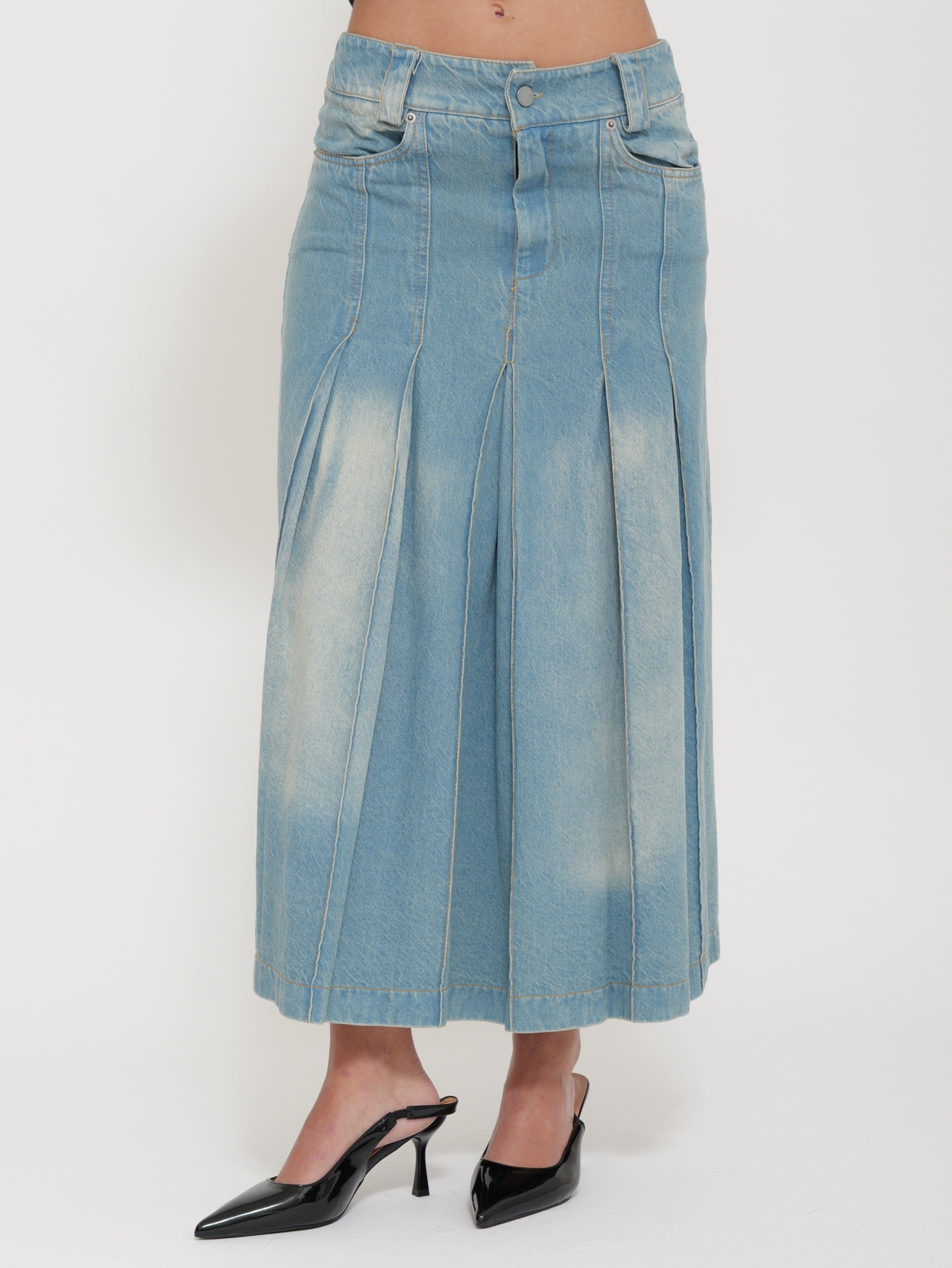 Gonna lunga in denim plissettata