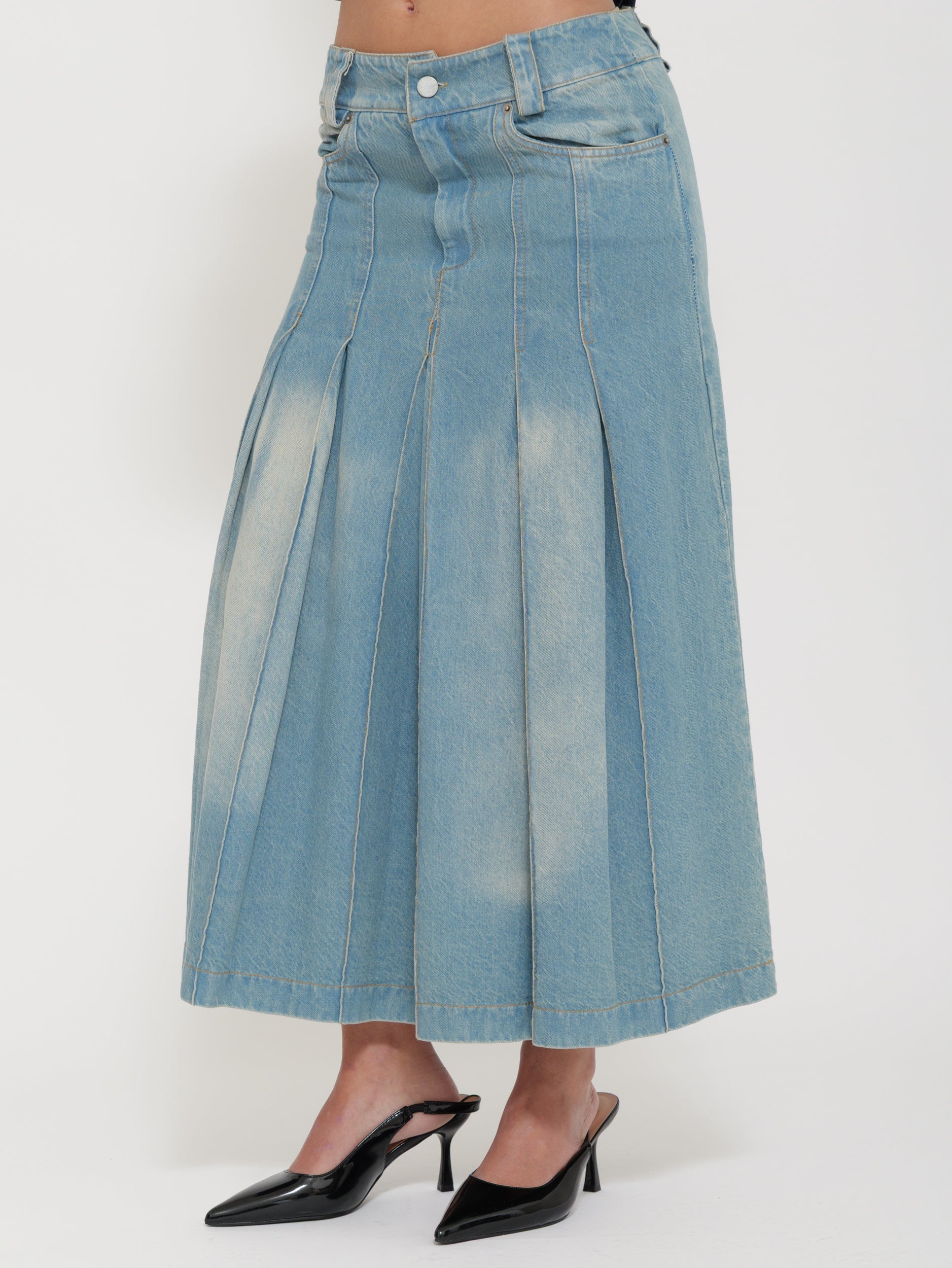 Gonna lunga in denim plissettata