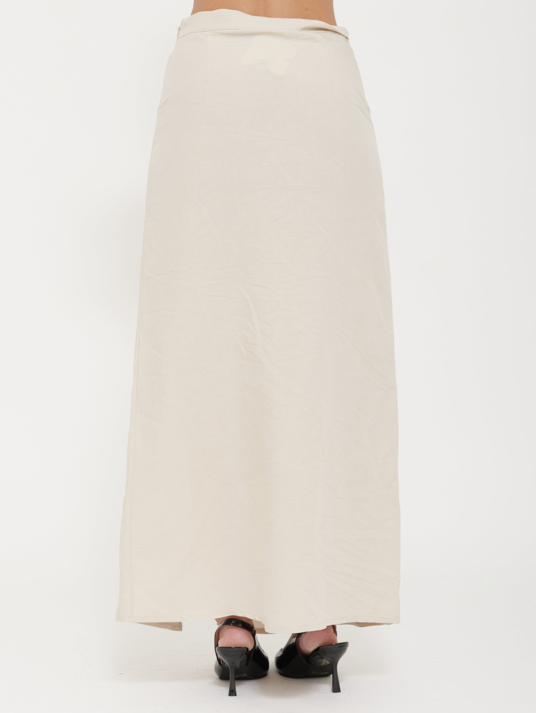 Gonna Lunga Beige con Spacco e Arricciature