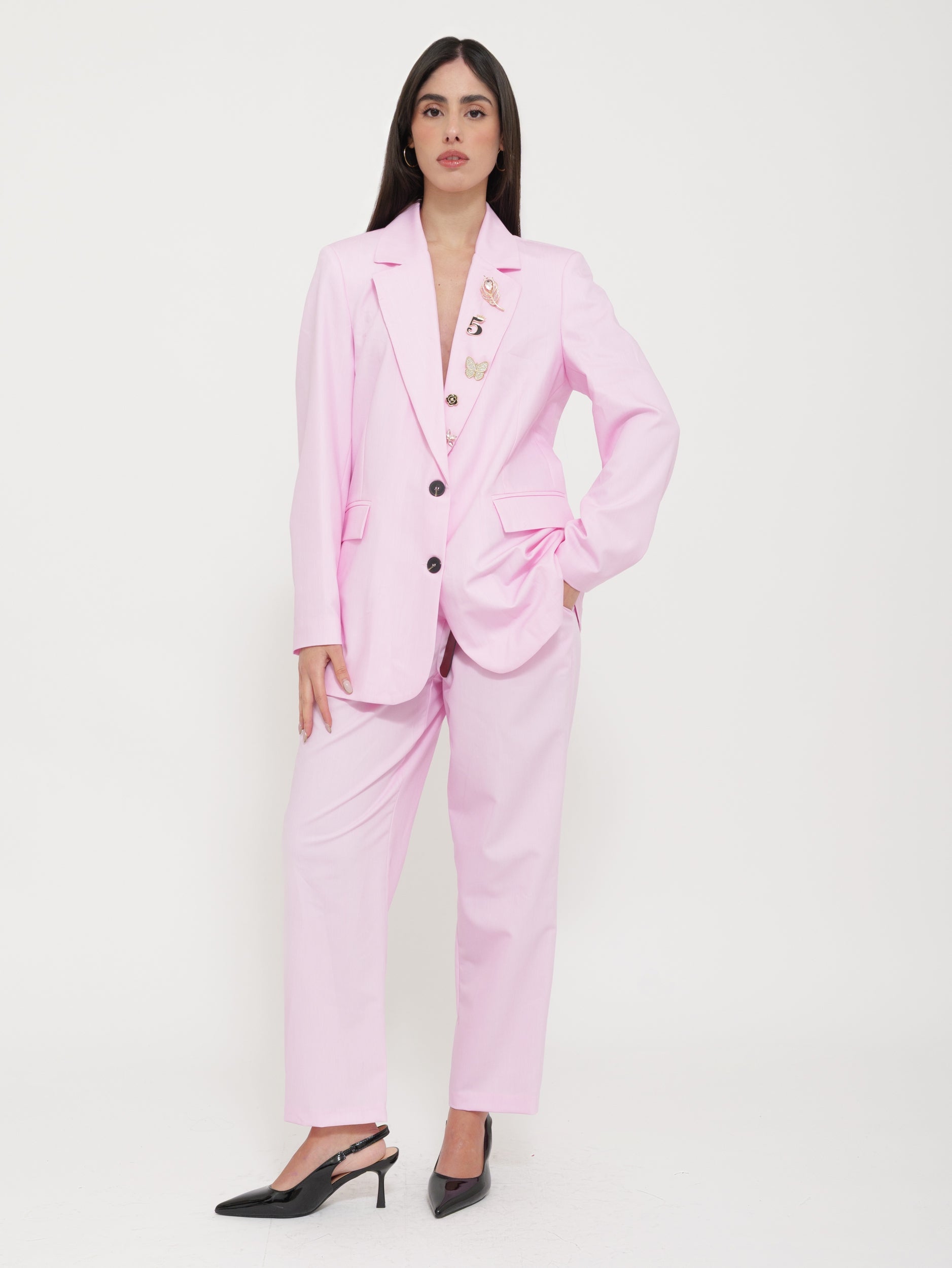 Blazer Mobiletto Rosa Chiaro con Applicazioni Spille “Tensione”
