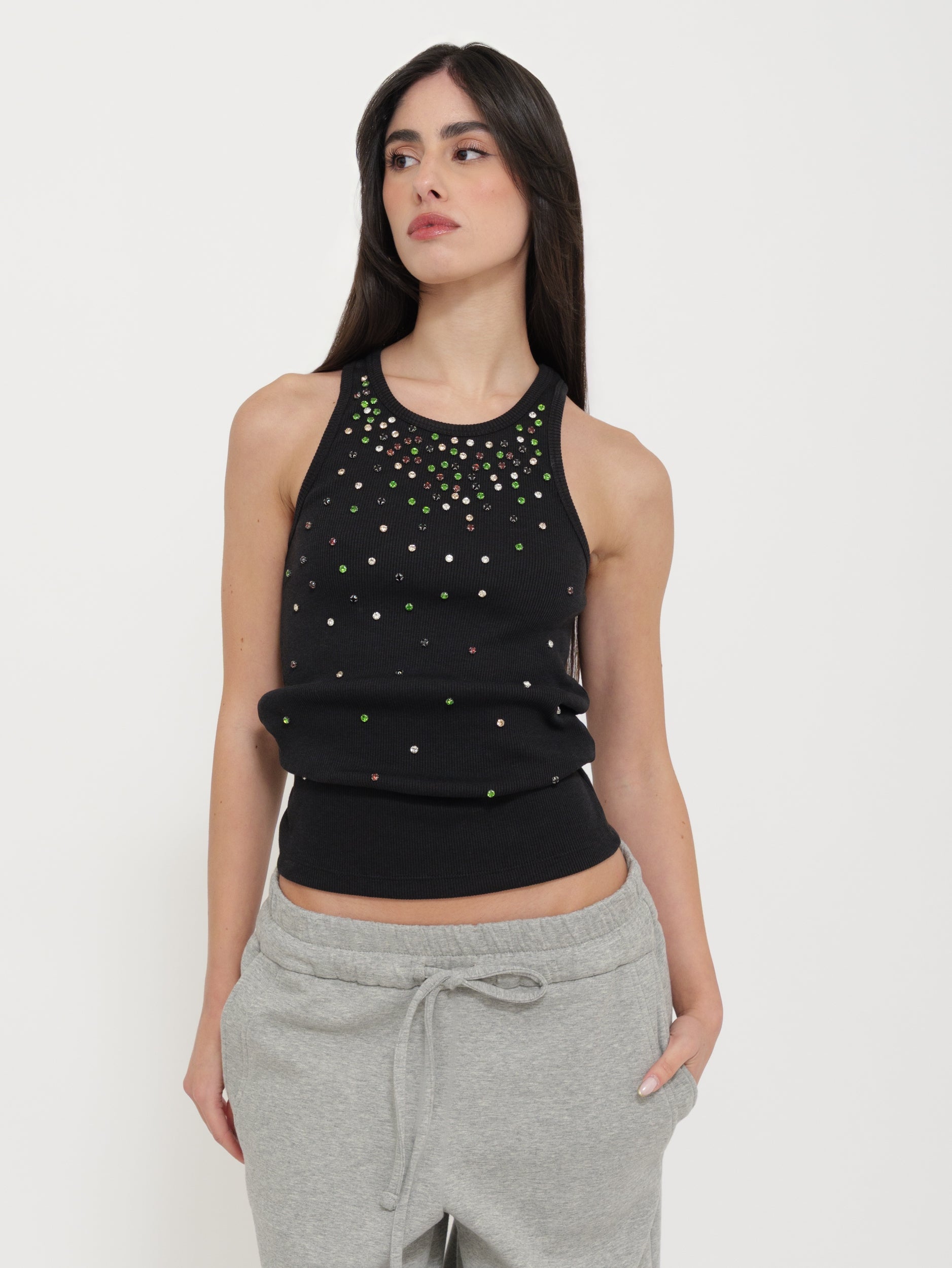 Canotta Nera con Applicazioni Strass “Tensione”