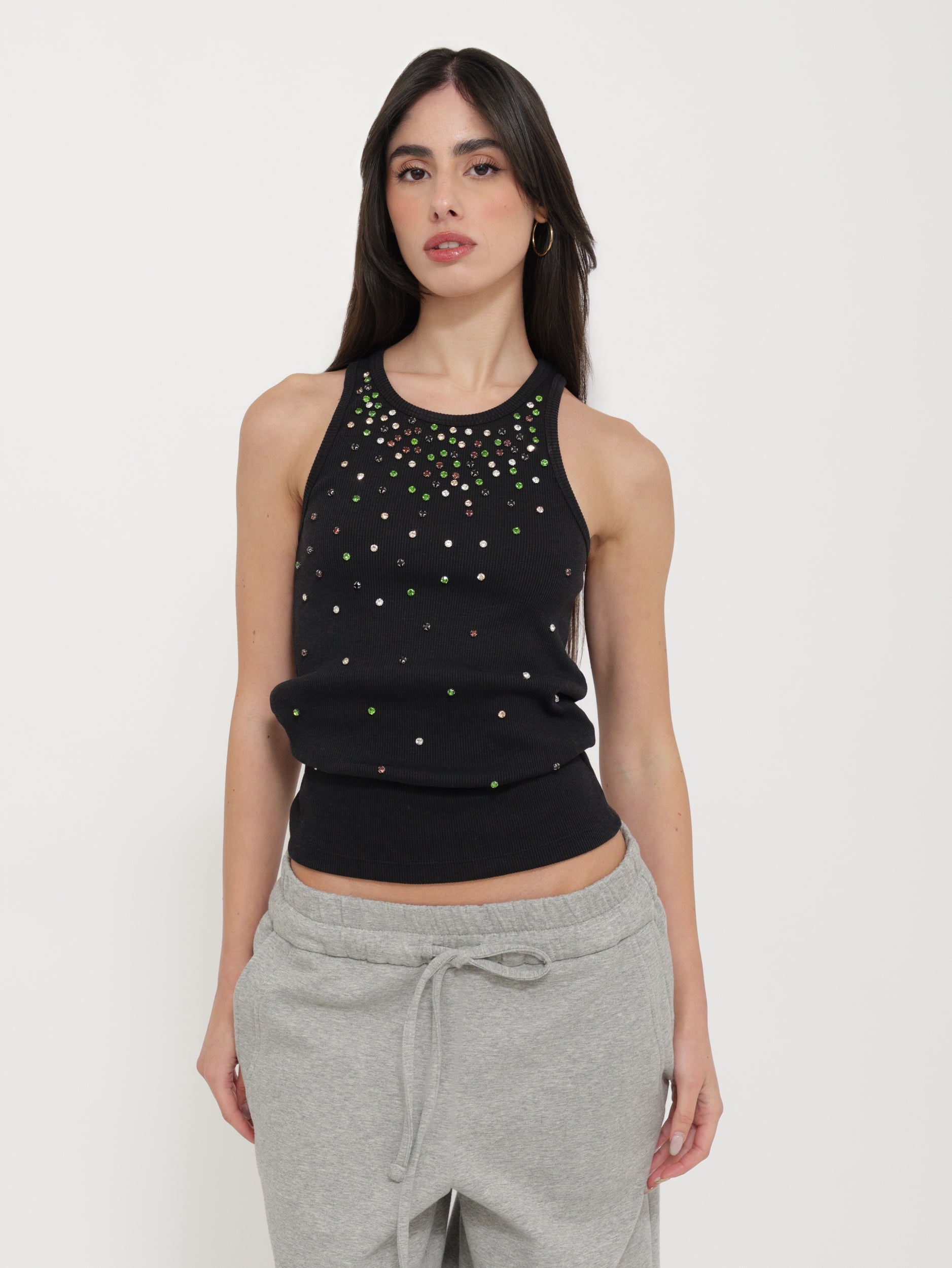 Canotta Nera con Applicazioni Strass “Tensione”