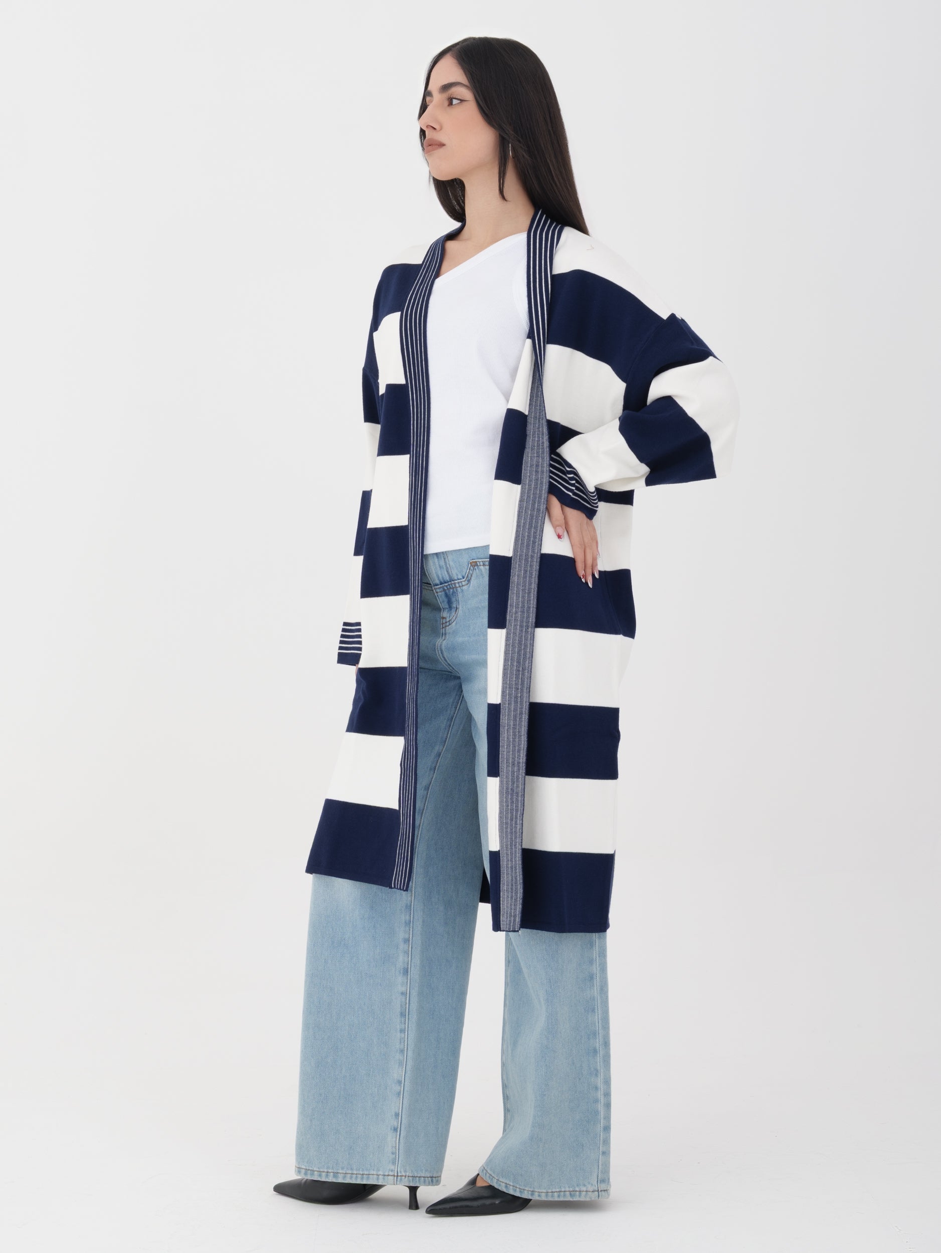 Cardigan blu righe tensione in lungo