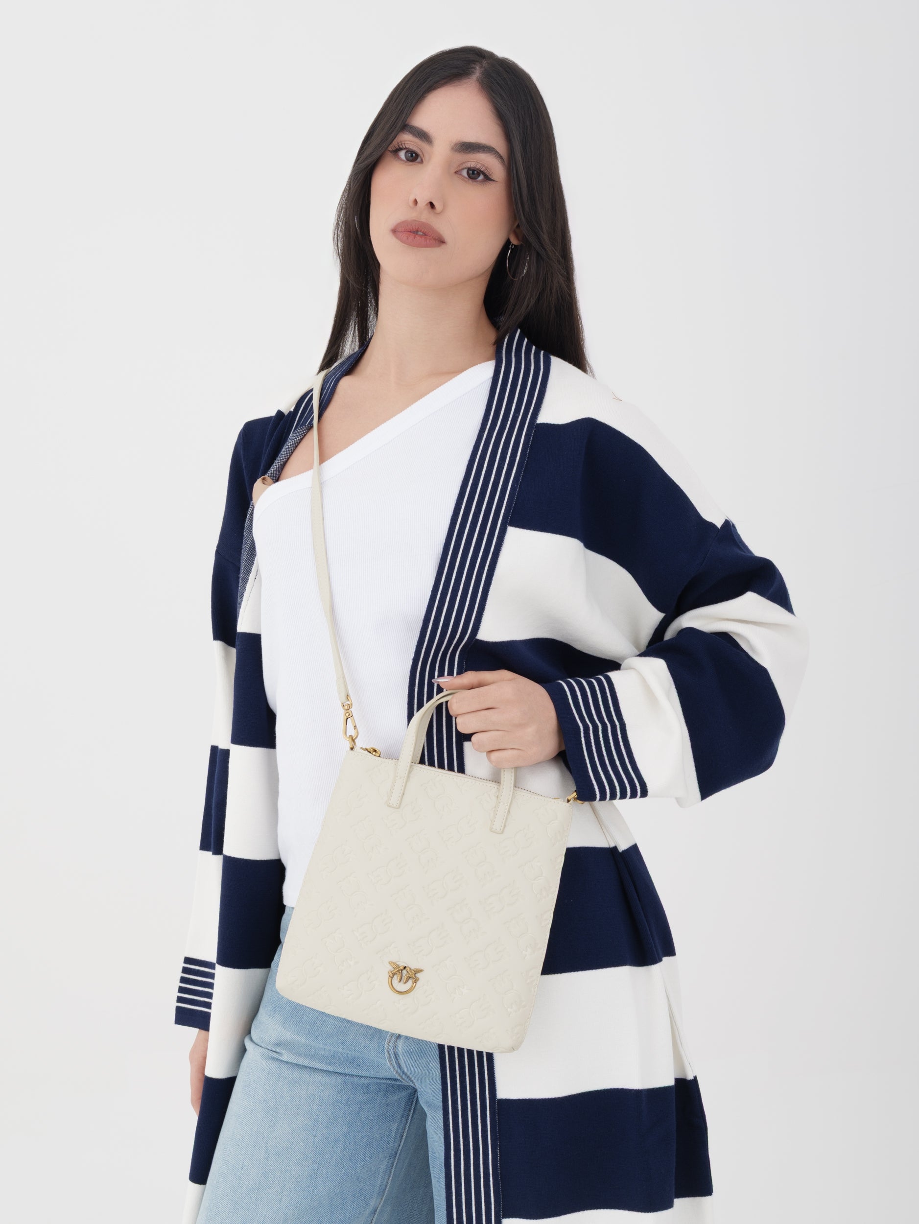 Cardigan blu righe tensione in lungo
