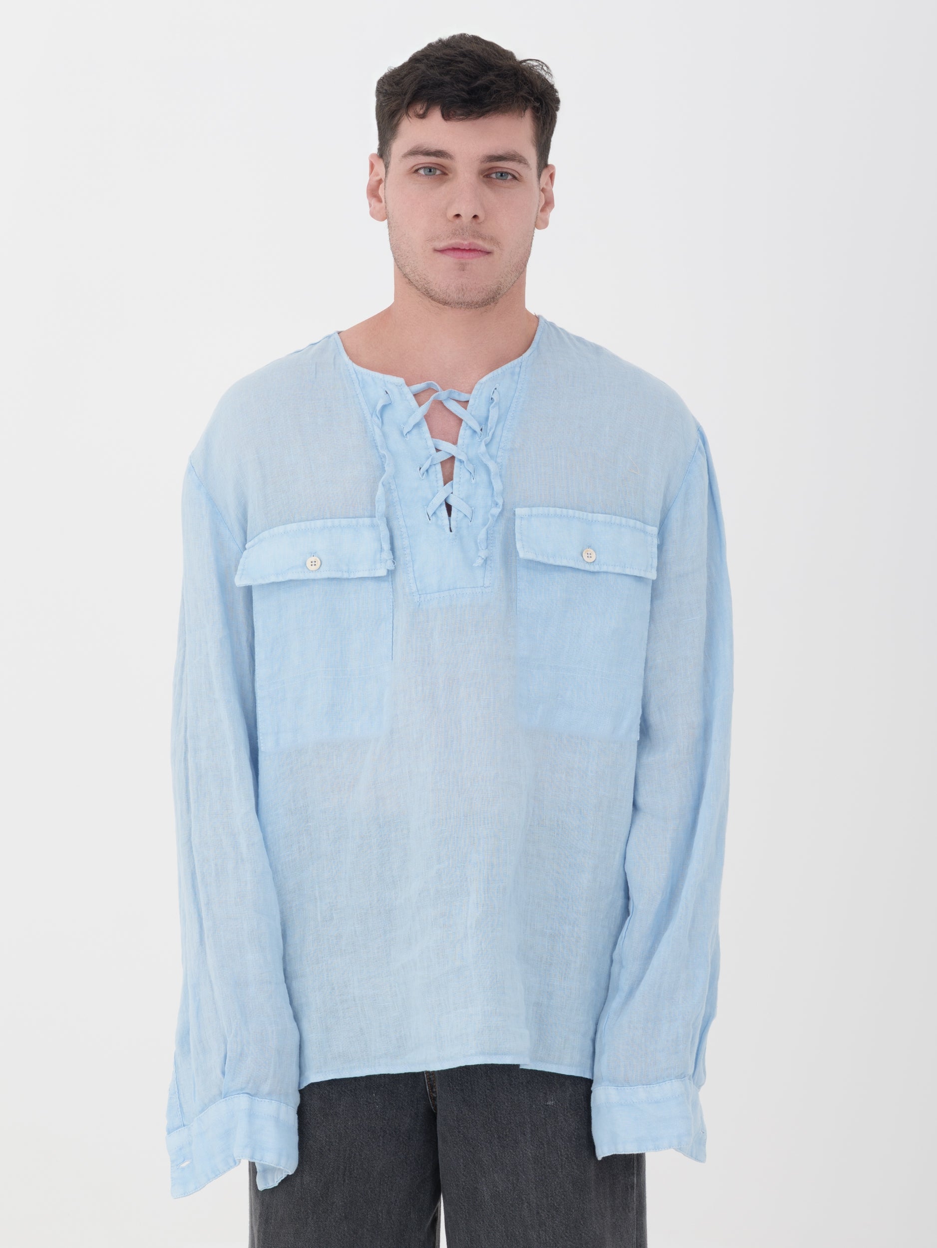 Imperial - camicia in lino azzurro dettaglio scollo