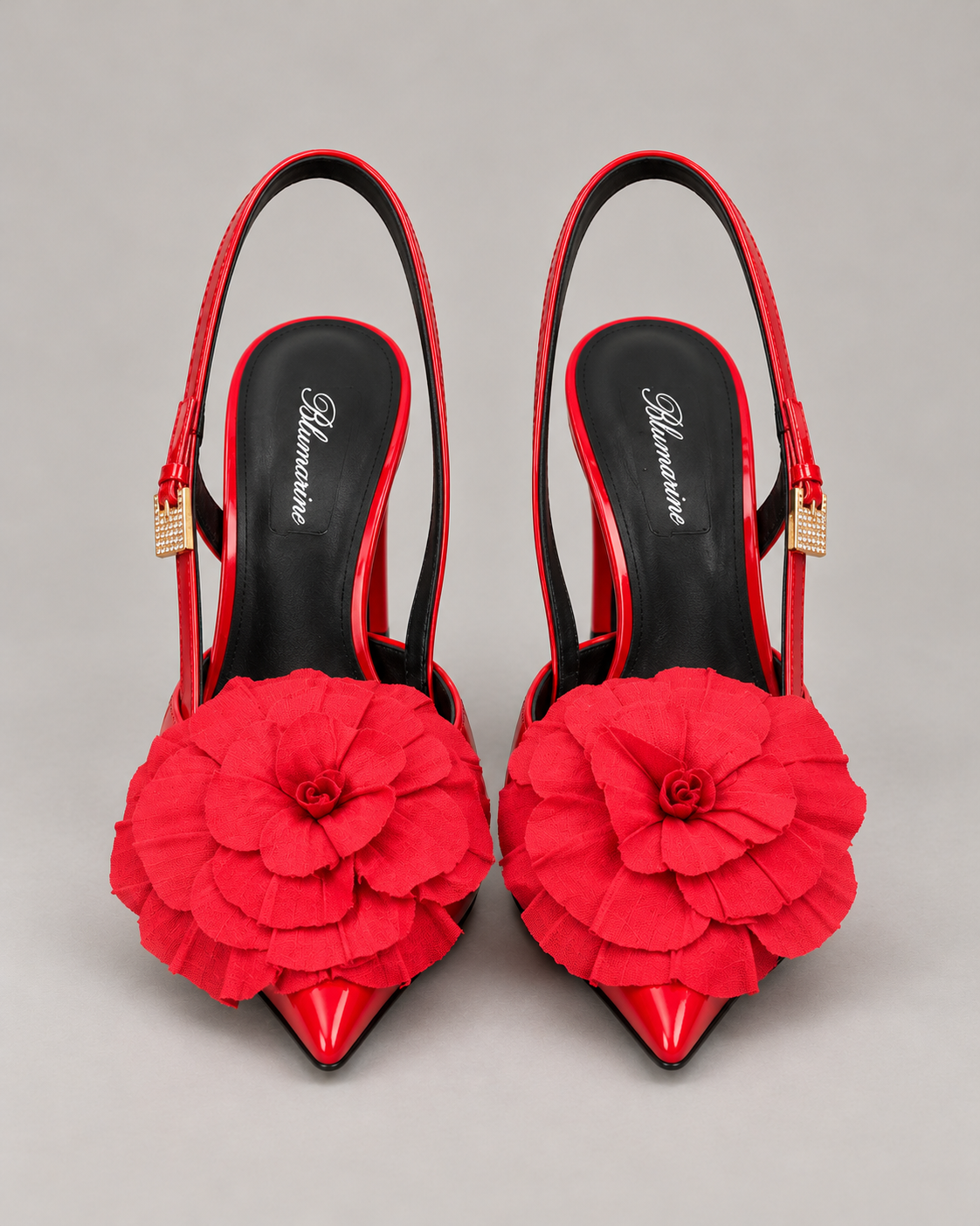 BLUMARINE - Décolleté rosse in vernice a punta con maxi fiore