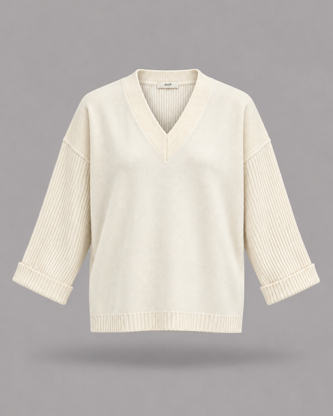 AKEP - Maglia avorio con scollo a V e maniche a coste