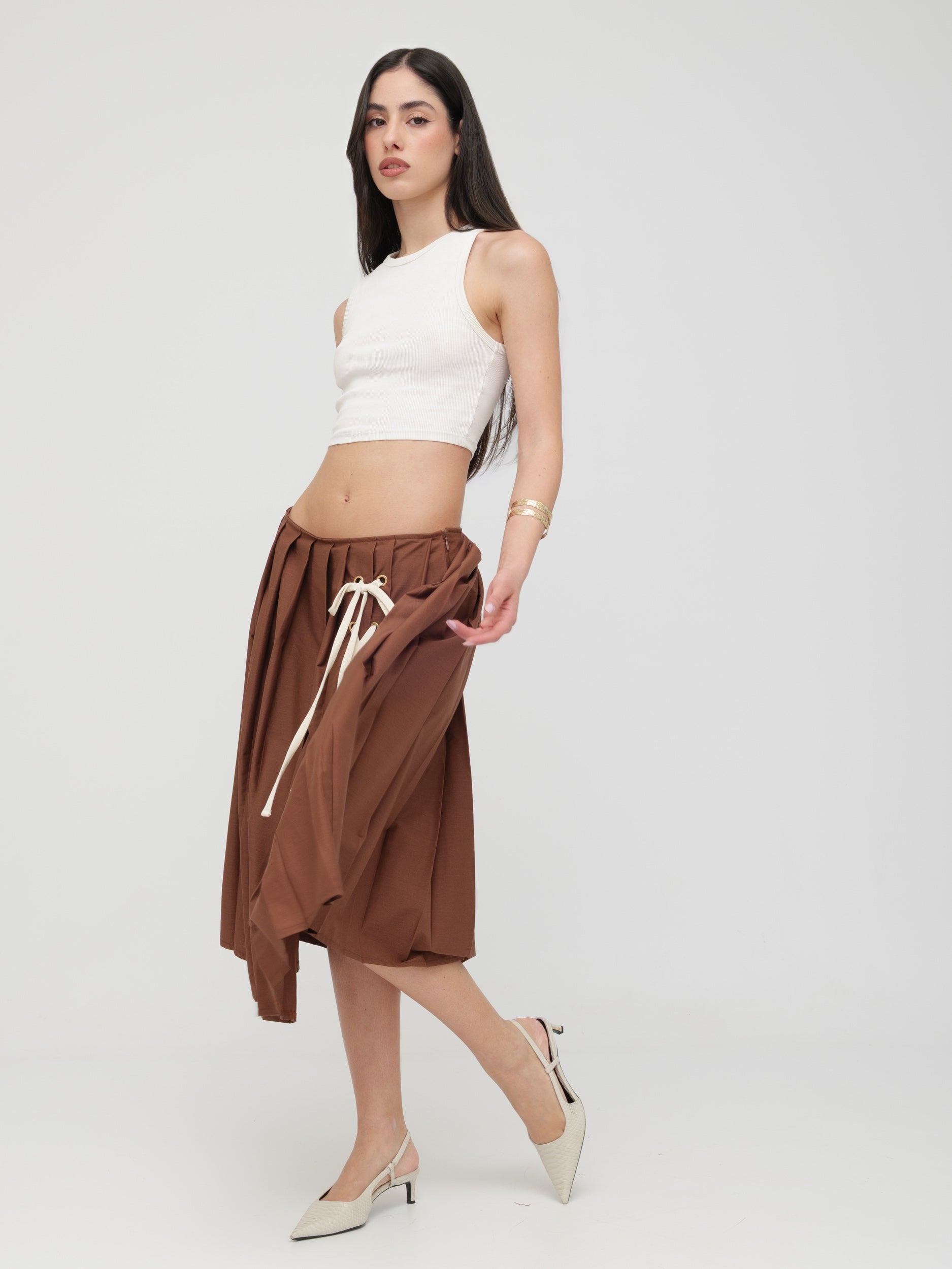 TENSIONE IN - gonna plissettata con dettaglio laccio brown