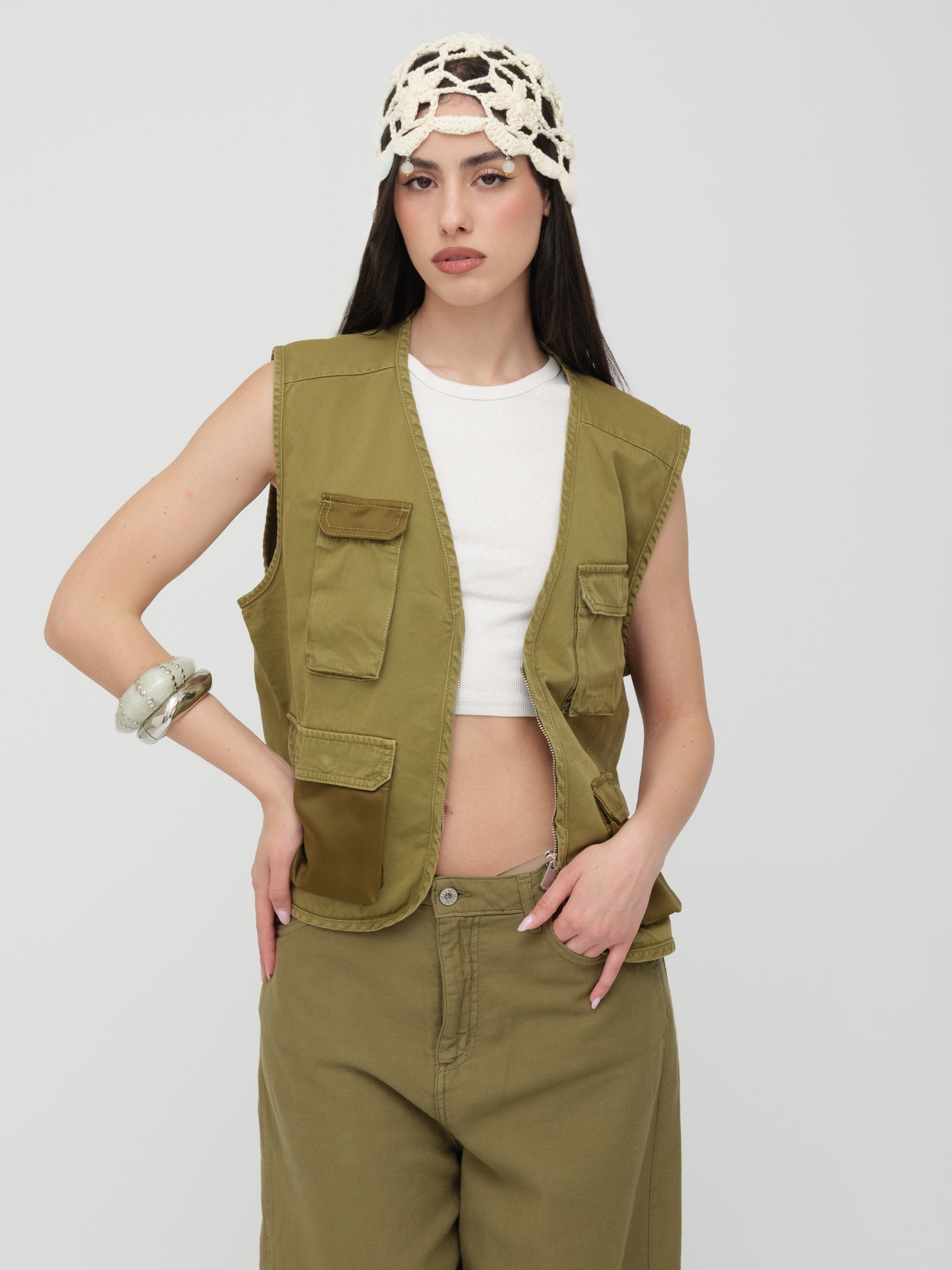 PINKO - gilet cargo verde kaki