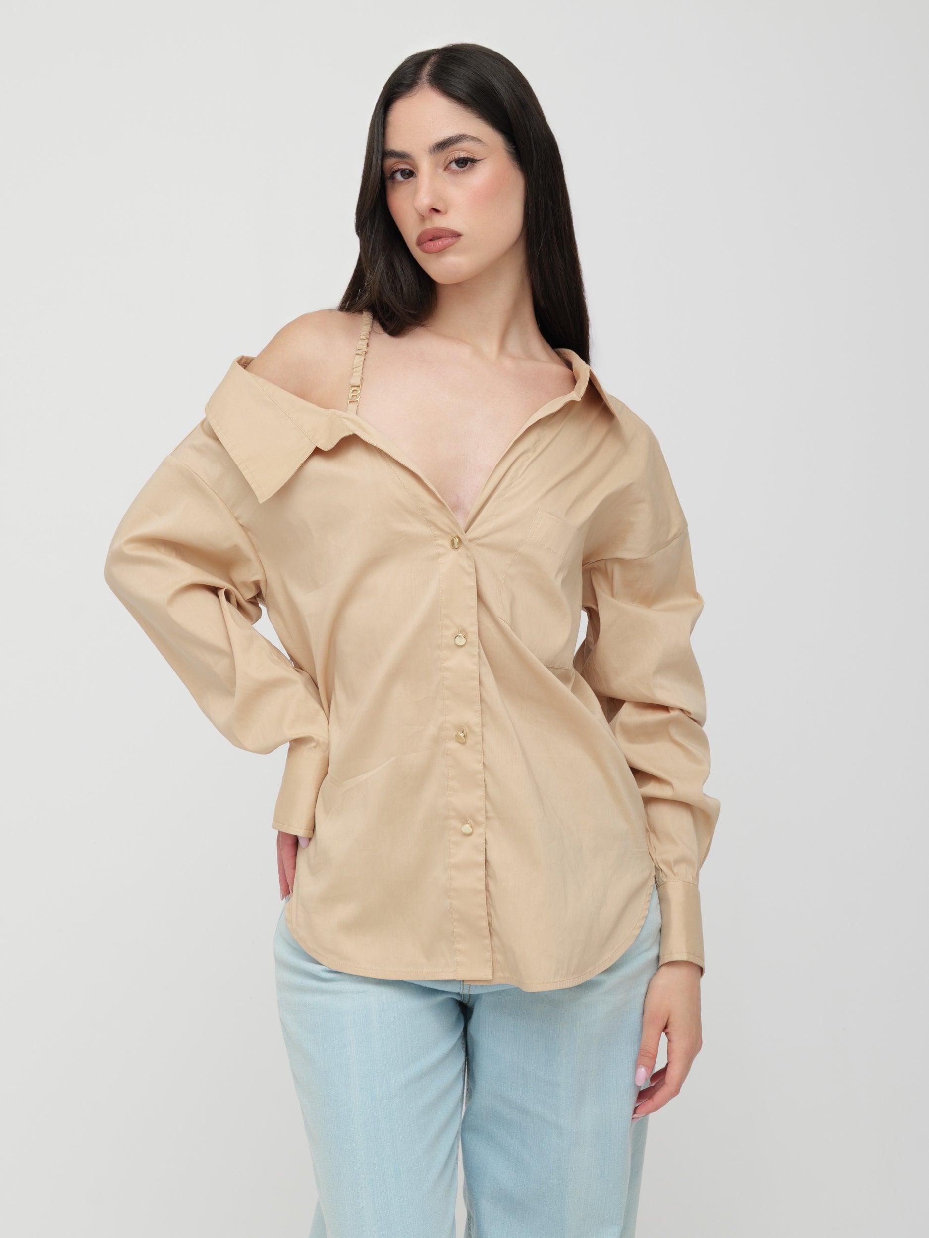 BLUGIRL | BLUMARINE - camicia scollo asimmetrico beige