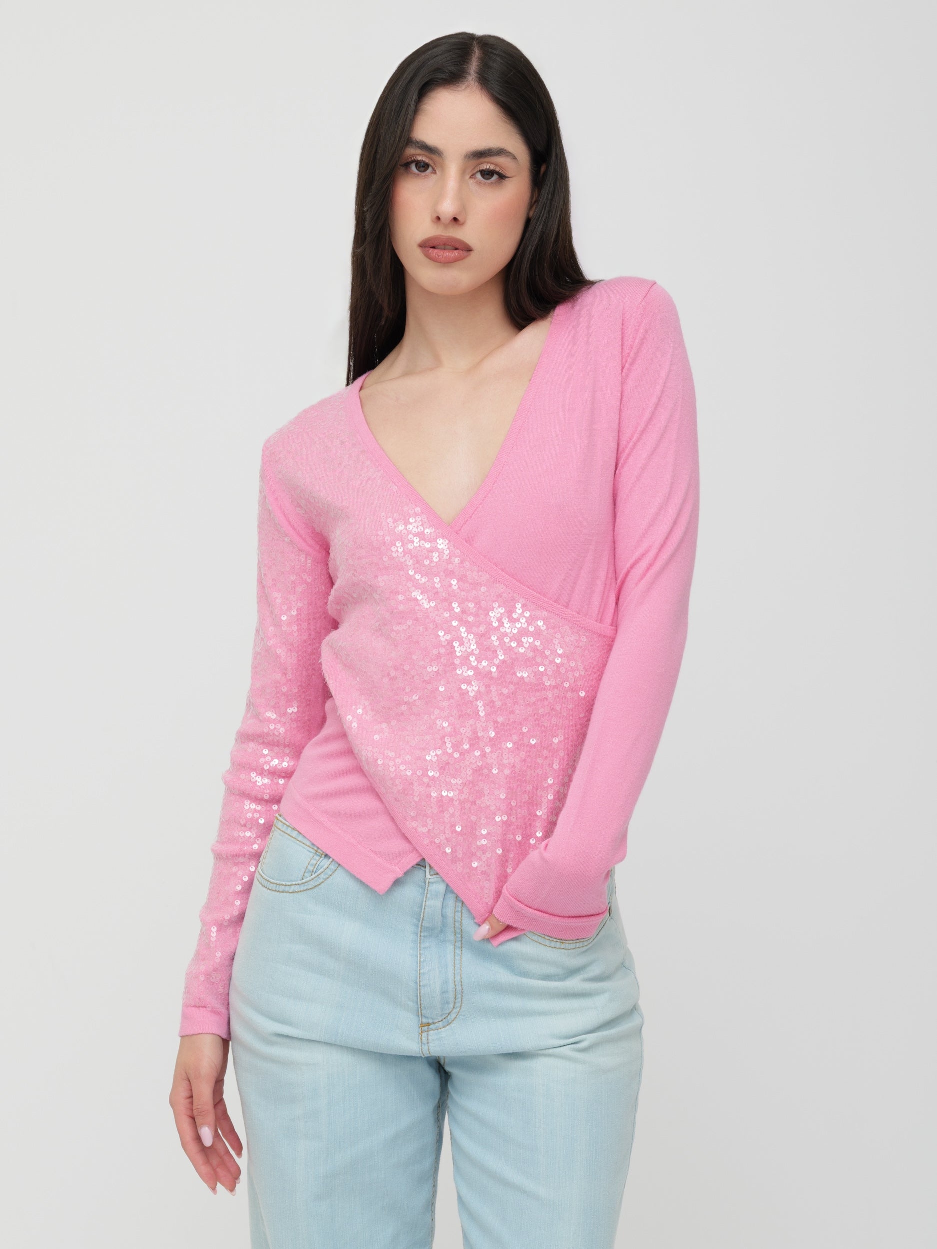 BLUGIRL | BLUMARINE - maglia asimmetrica rosa con paillettes
