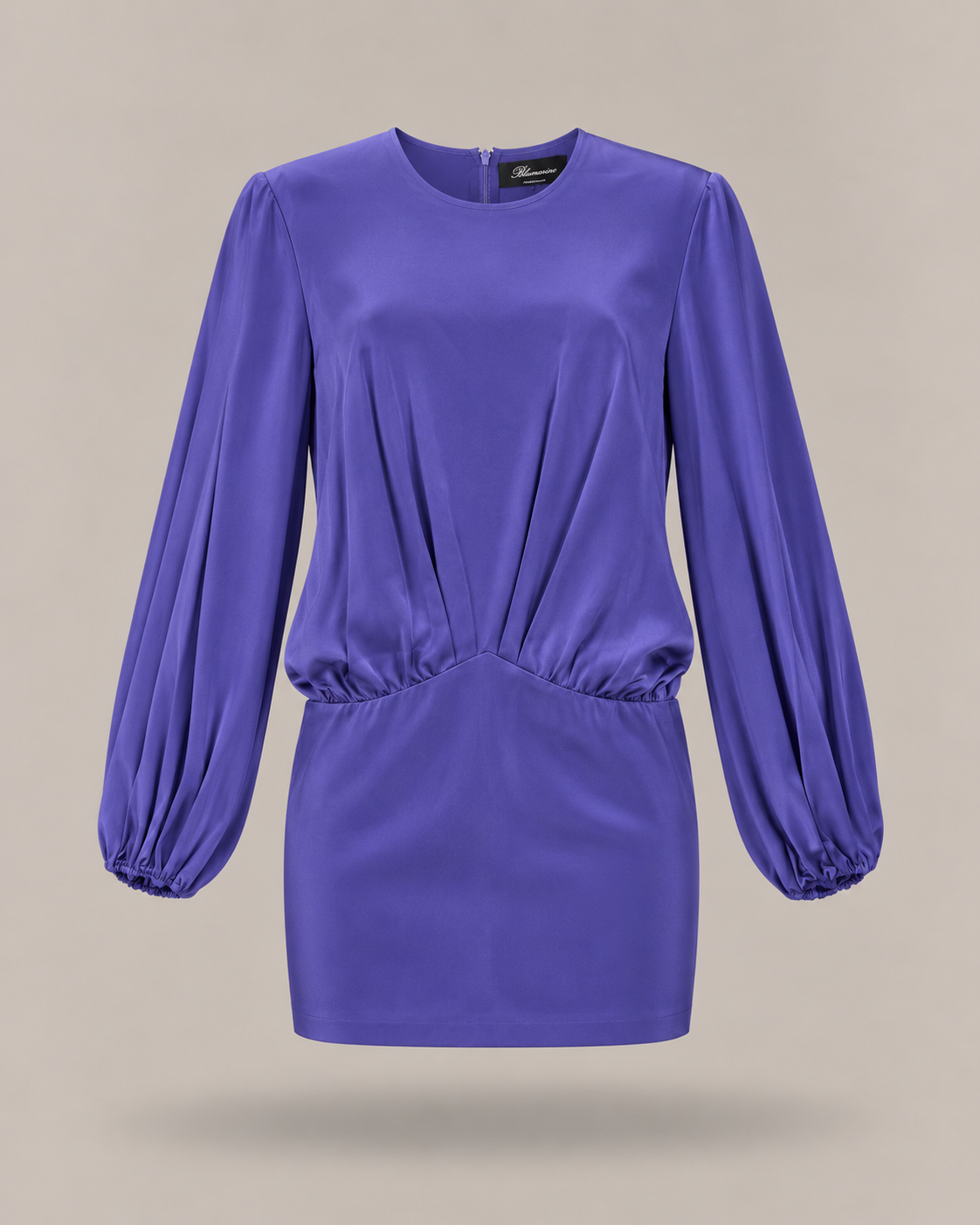 BLUMARINE - abito corto viola con maniche a palloncino e dettagli arricciati in vita.