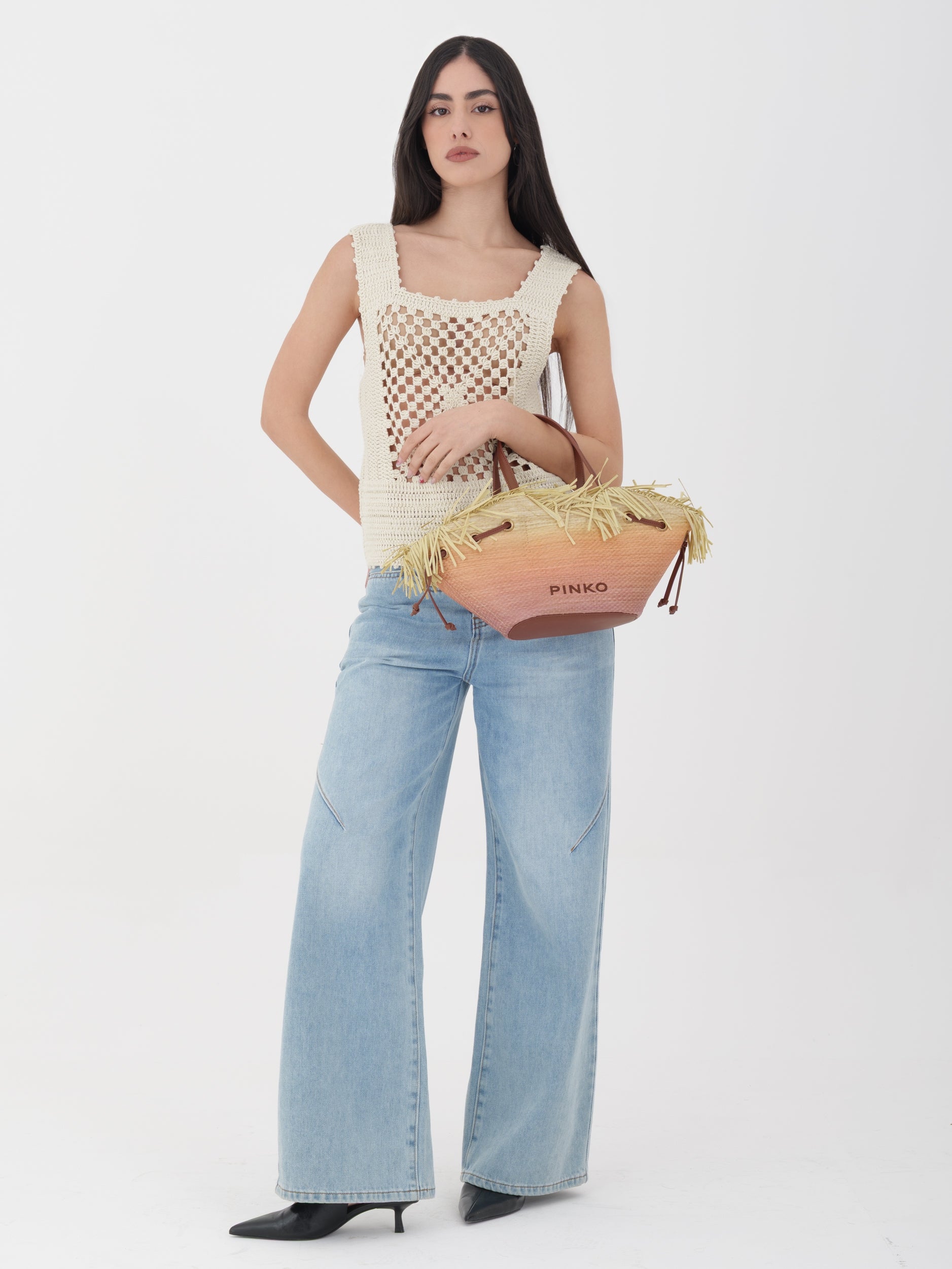 Pinko - Pagoda Small Shopper Rafia Panama, Borsa Donna