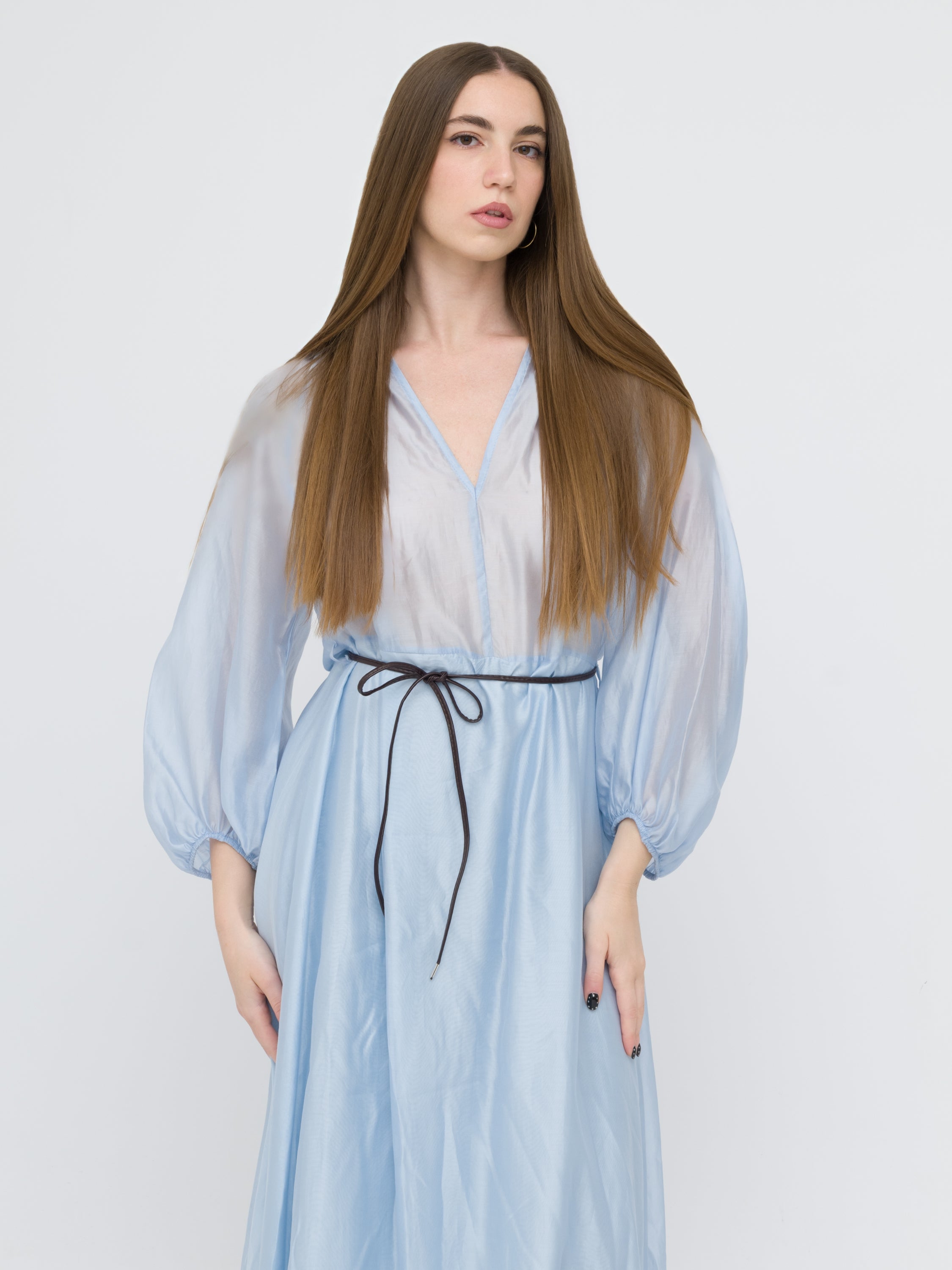 TENSIONE IN - maxi dress azzurro con trasparenze e laccio in vita
