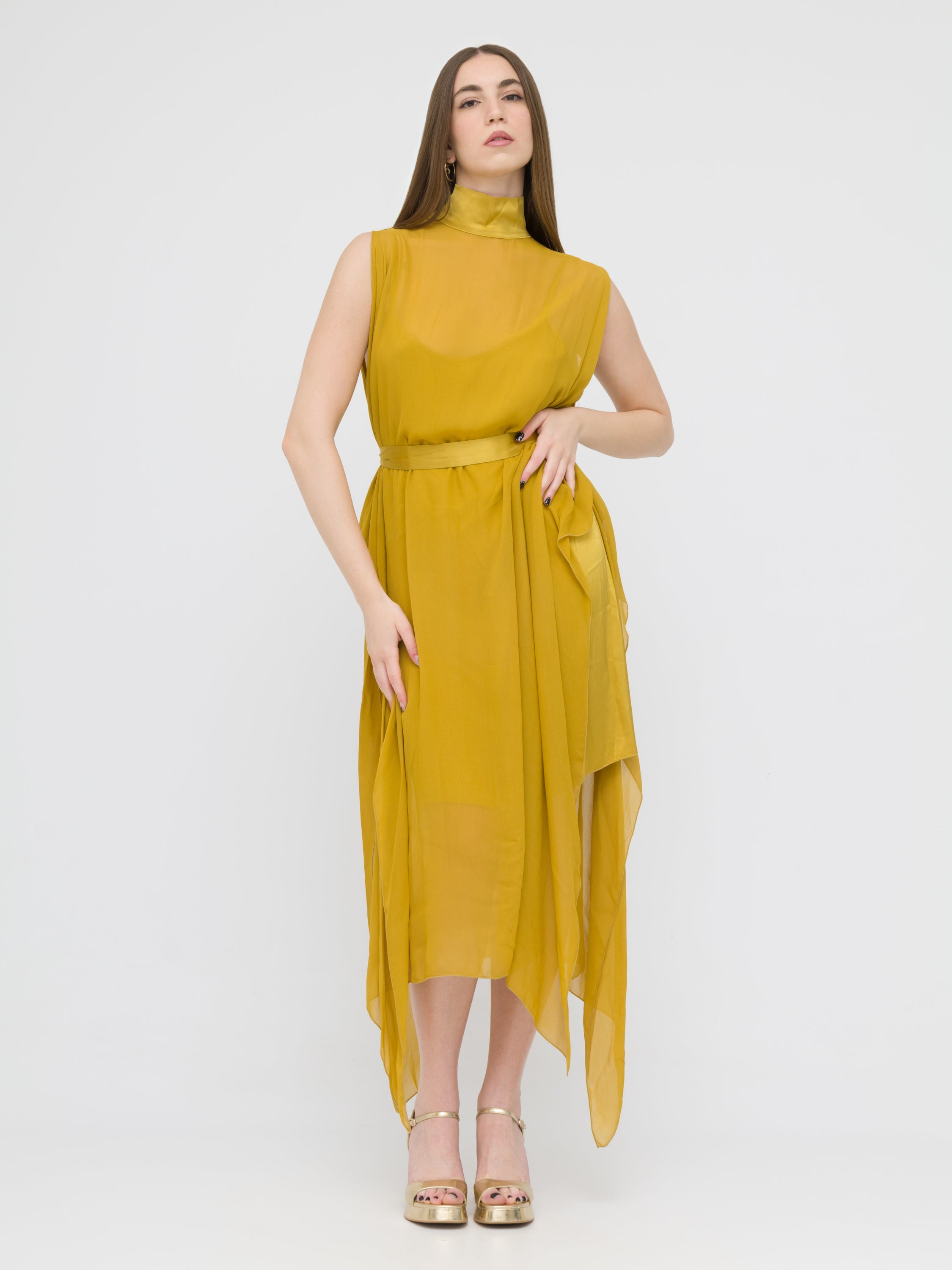 DIXIE- abito blusa con cinta senape