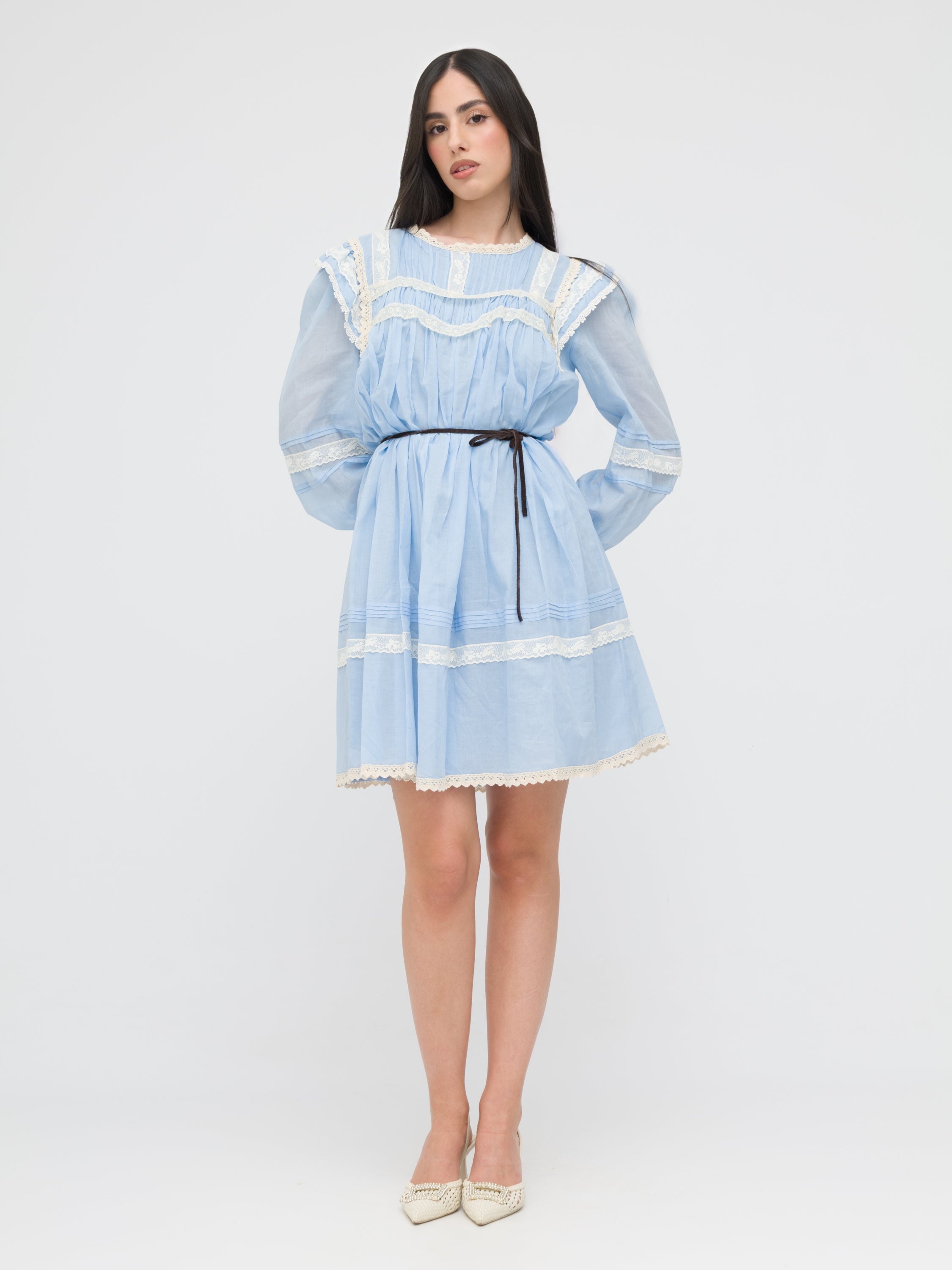 TENSIONE IN - mini dress chemisier azzurro stile prateria dettagli in pizzo