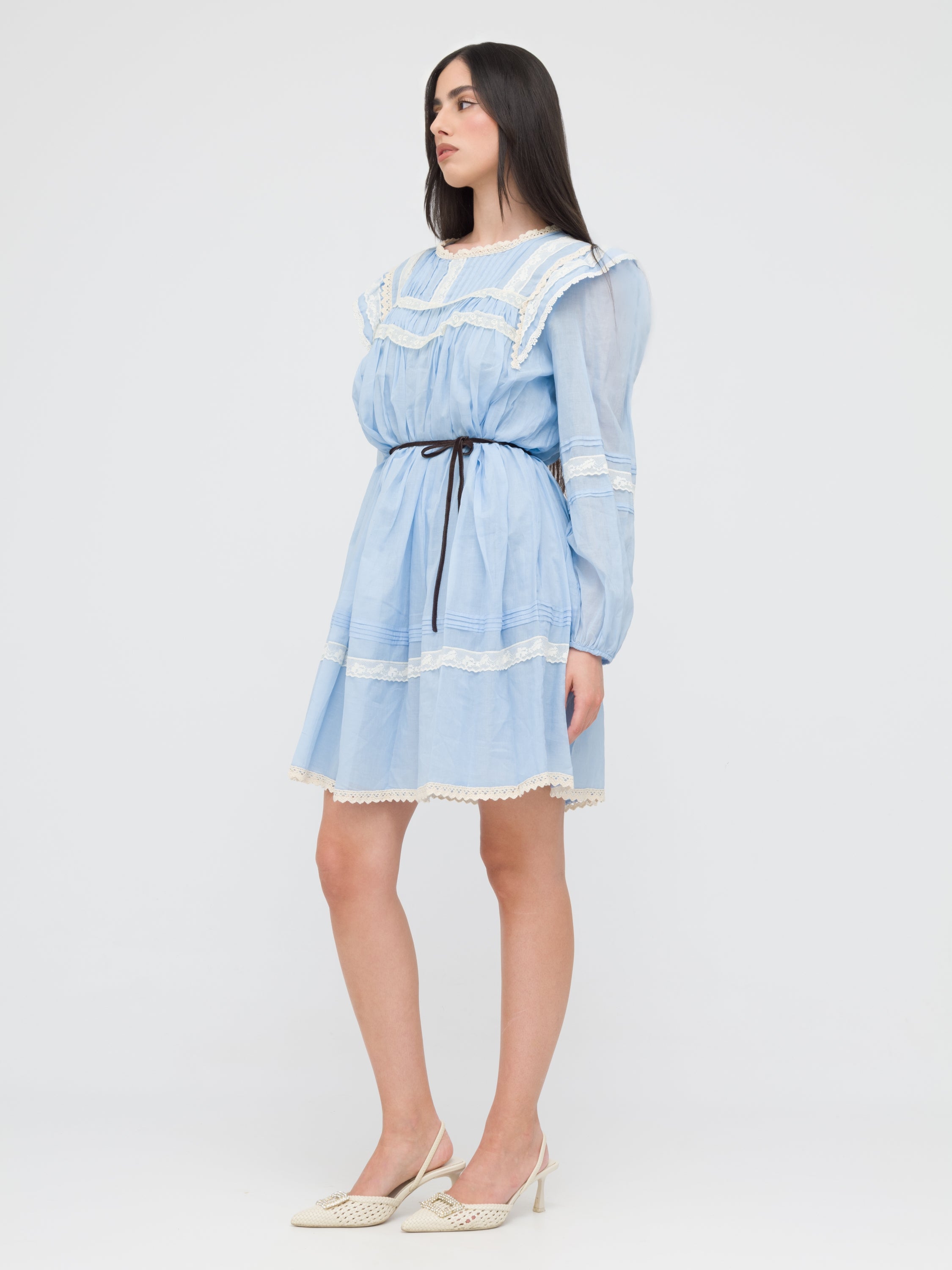 TENSIONE IN - mini dress chemisier azzurro stile prateria dettagli in pizzo