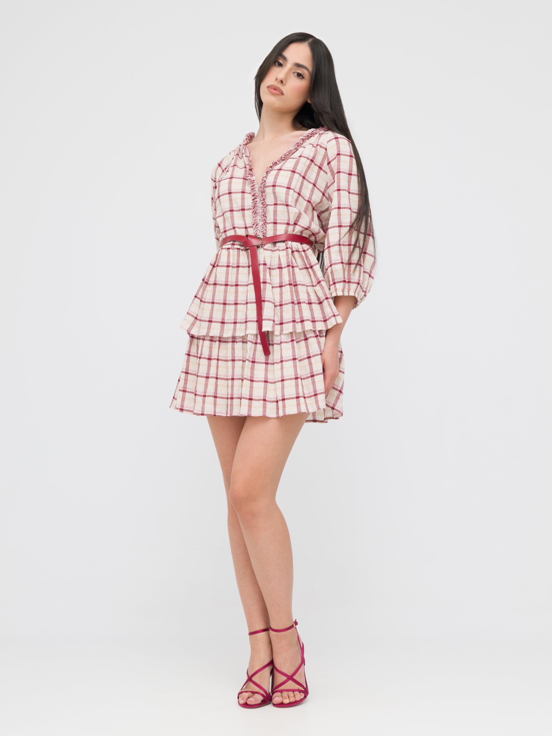 TENSIONE IN - mini dress motivo a quadri con cintura in vita