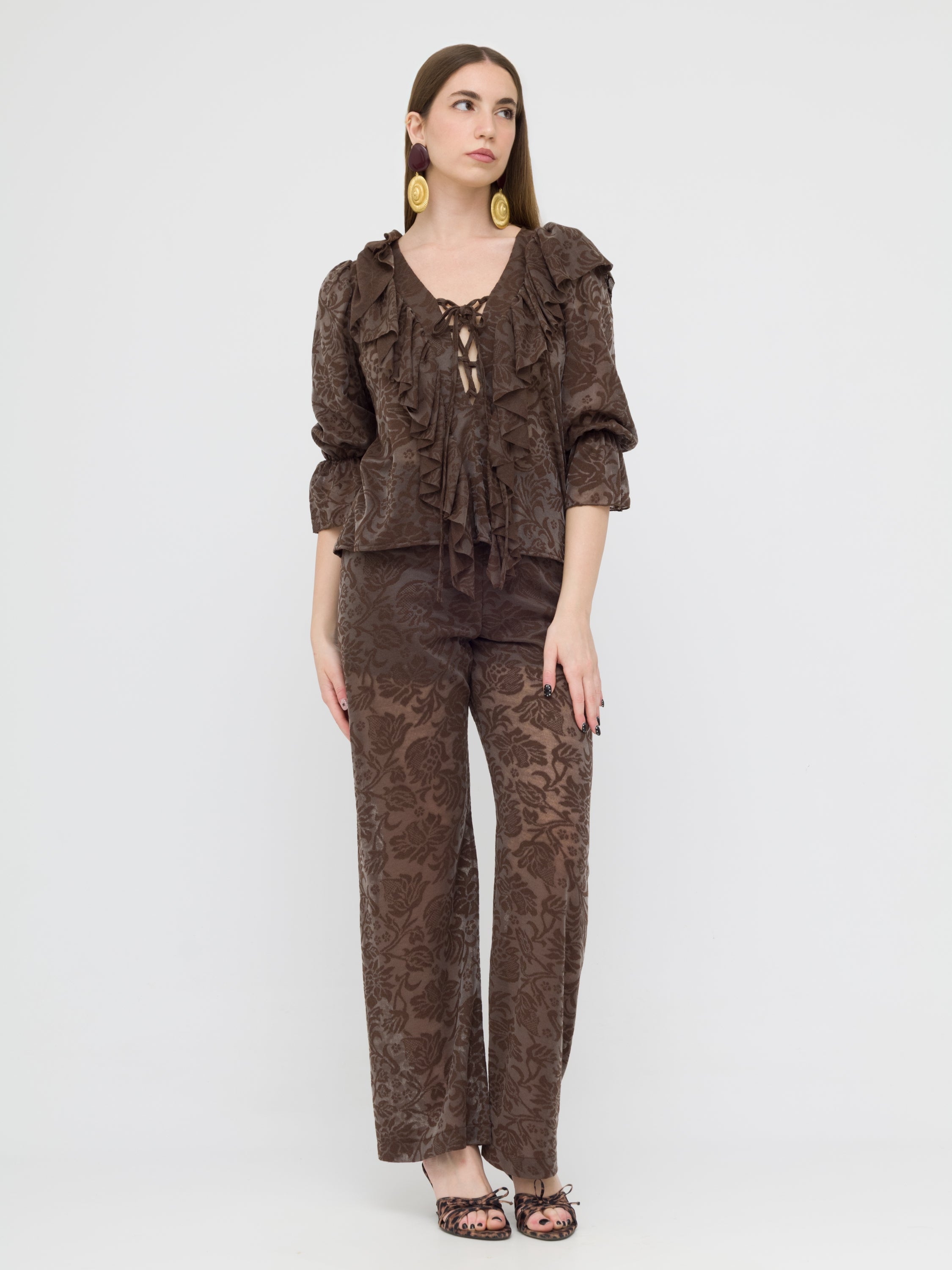 DIXIE- pantalone in pizzo wide leg brown