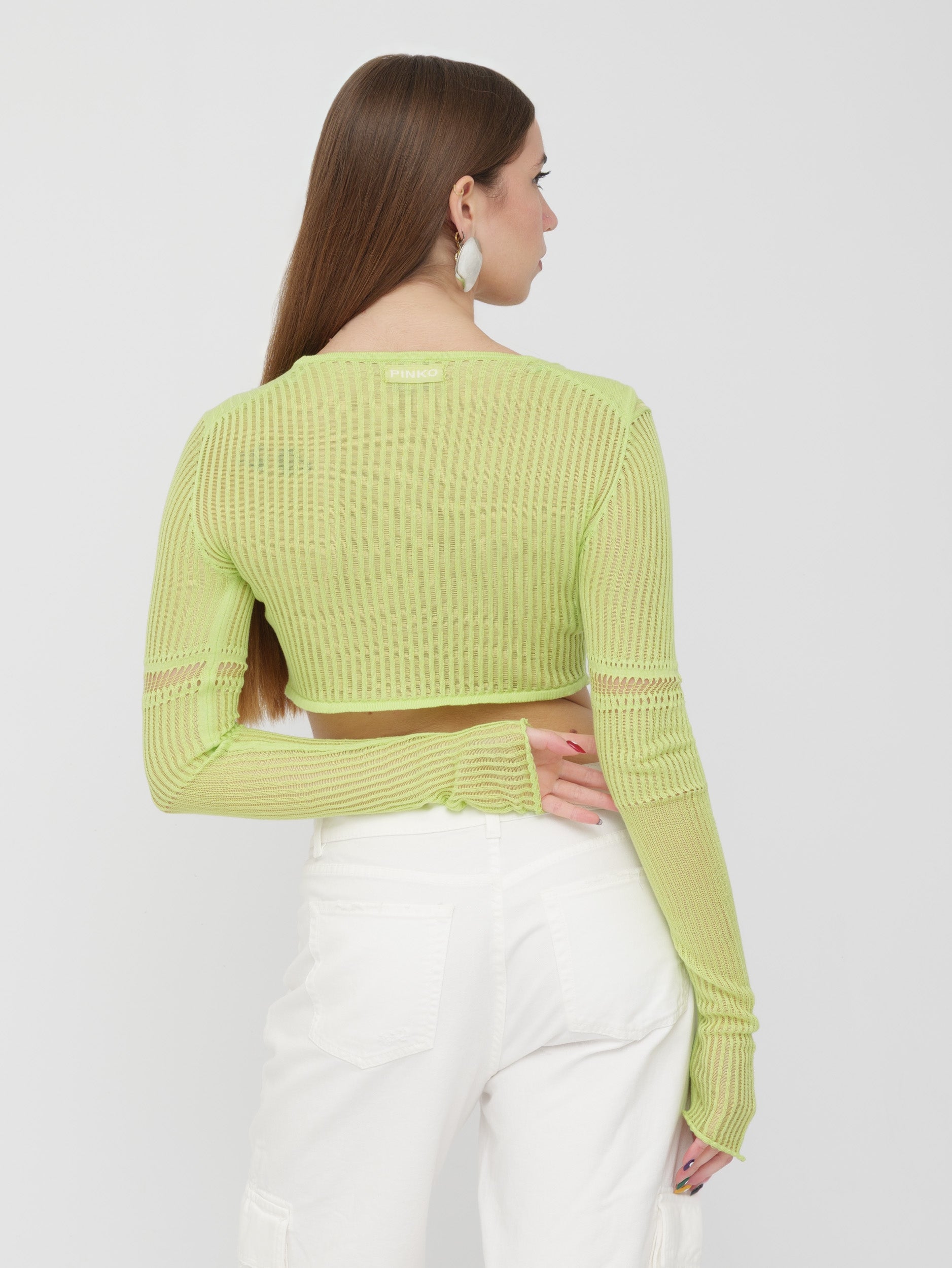 PINKO - top cropped in maglia verde lime